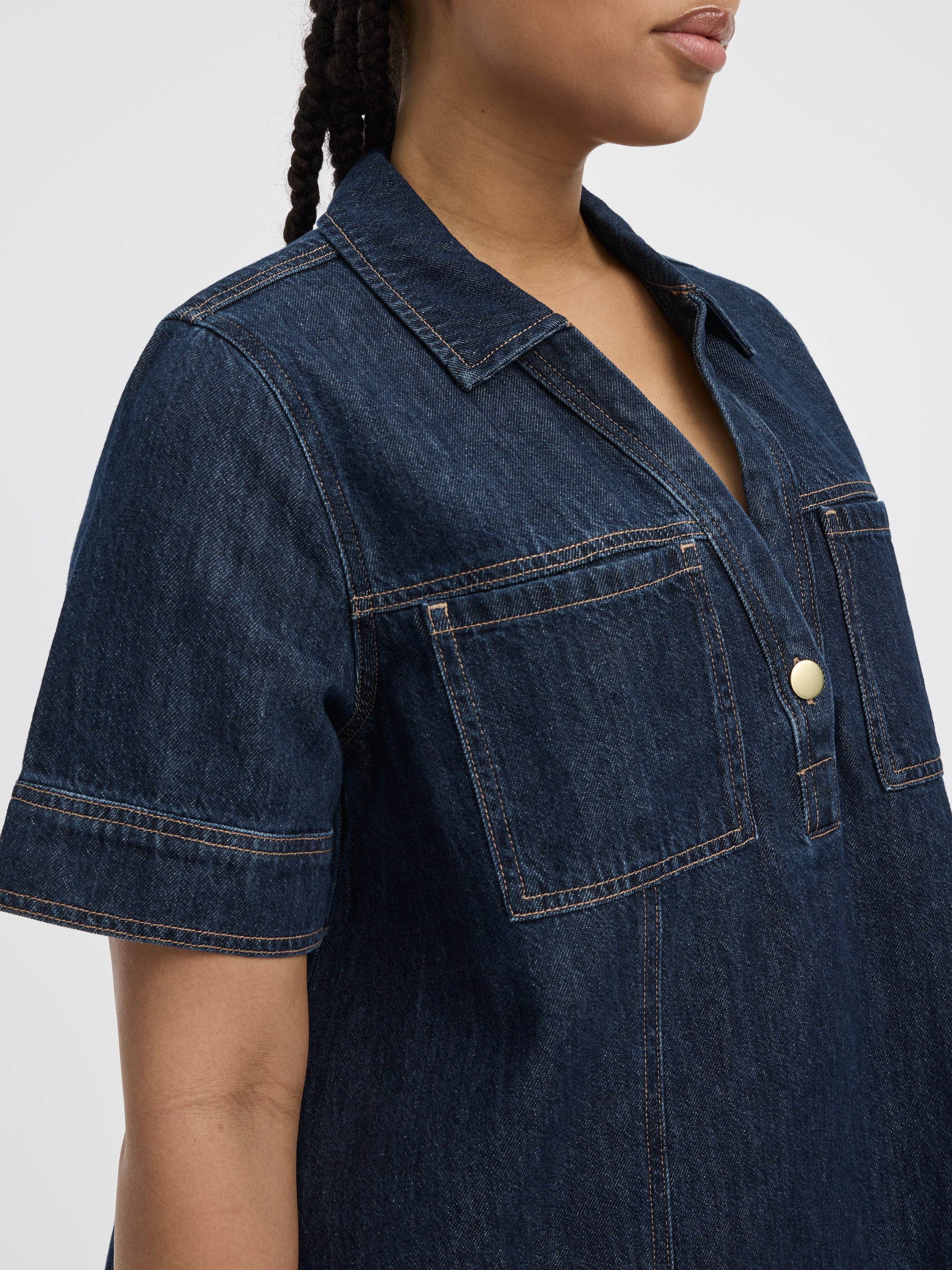 Elbow-Sleeve Shirt-Collar Mini Dress