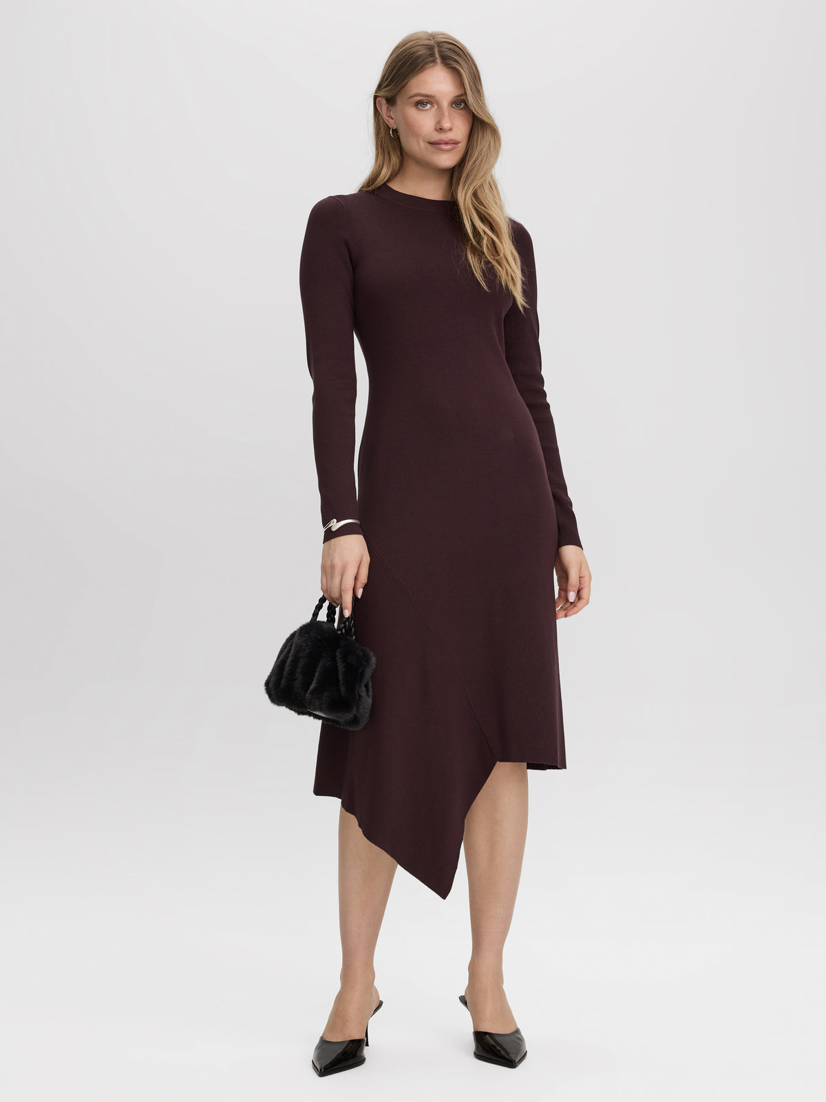 Long-Sleeve Bodycon Midi Dress with Asymmetrical Hem