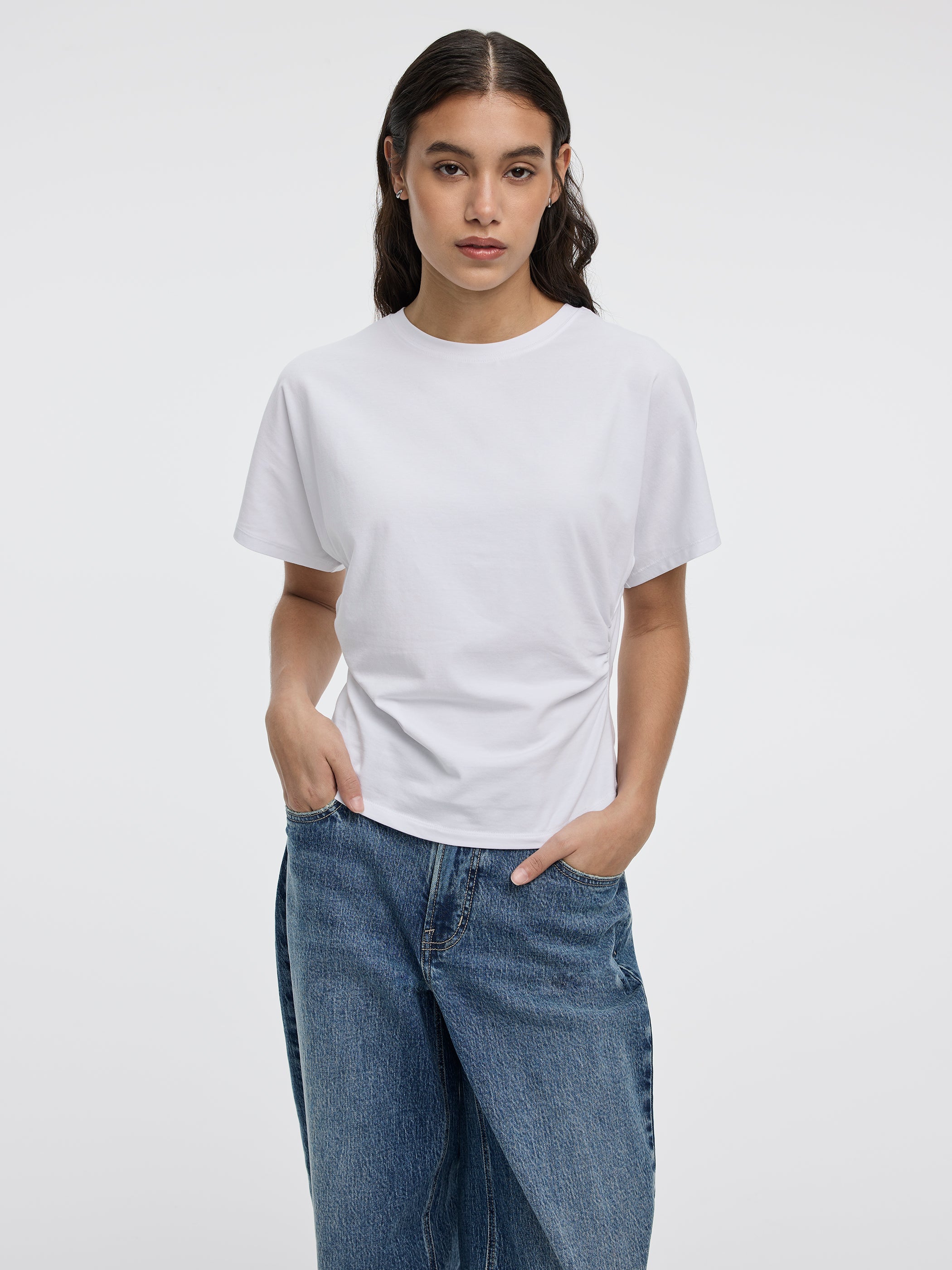 Short-Sleeve Crew-Neck Tee with Shirred Sides