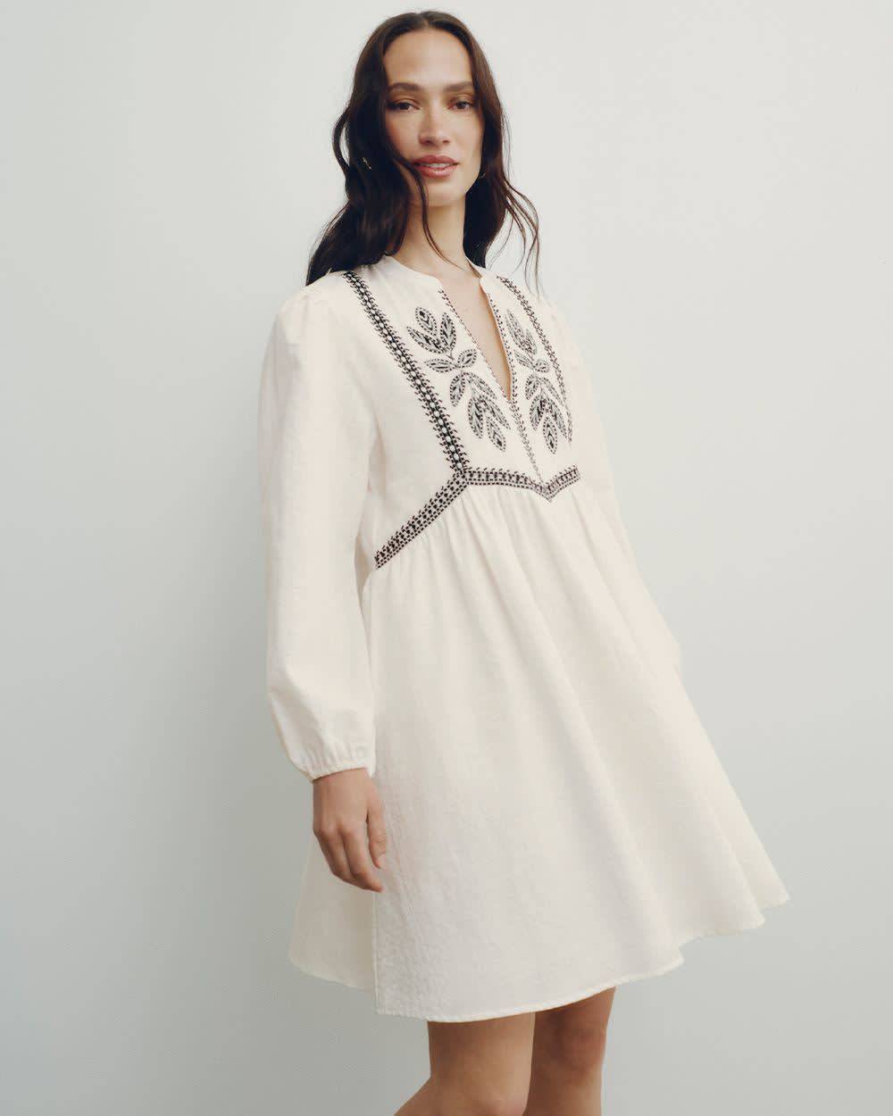 Long-Sleeve Split-Neck Swing Dress