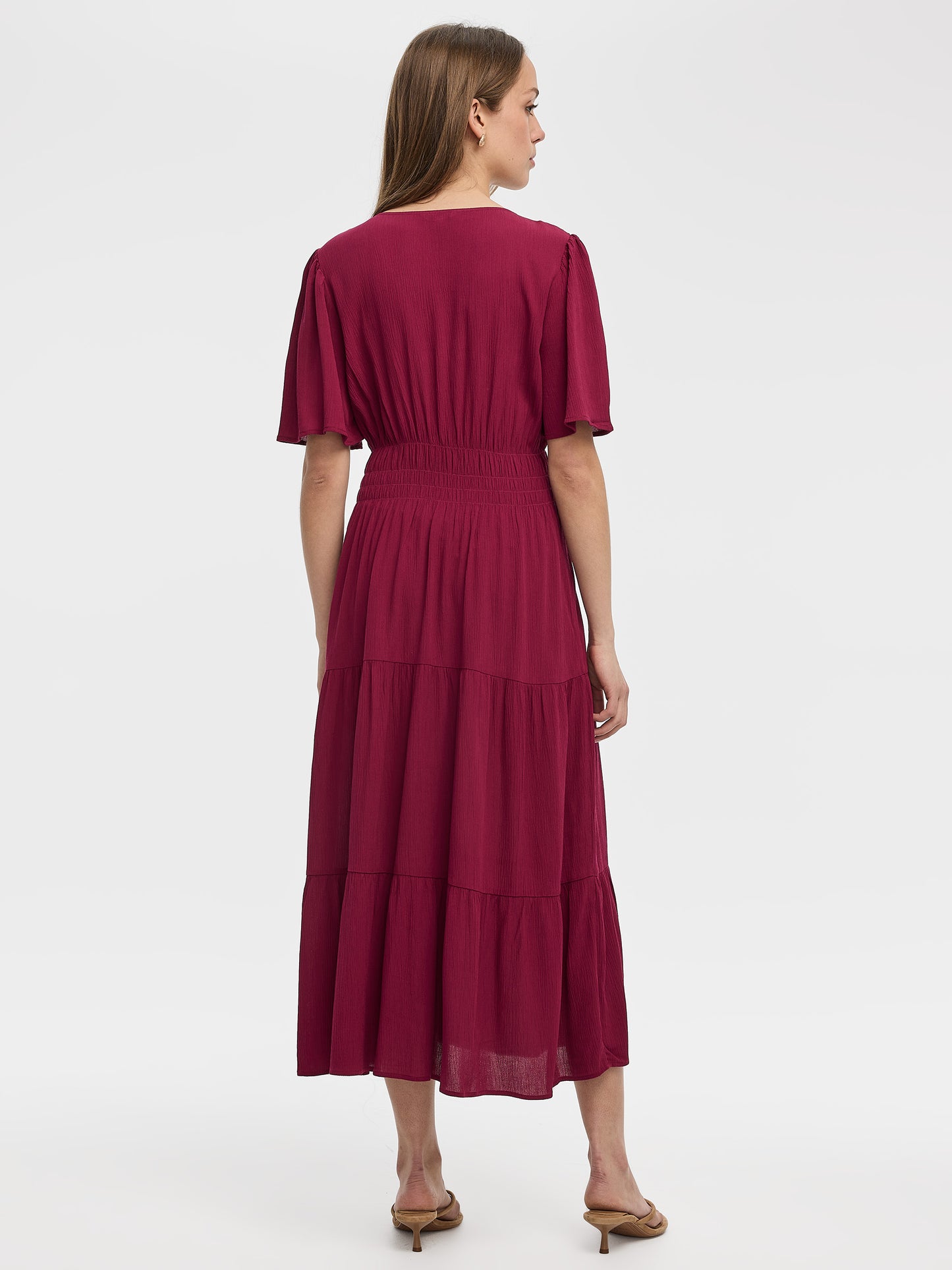 Short-Flutter-Sleeve V-Neck Tiered Midi Dress