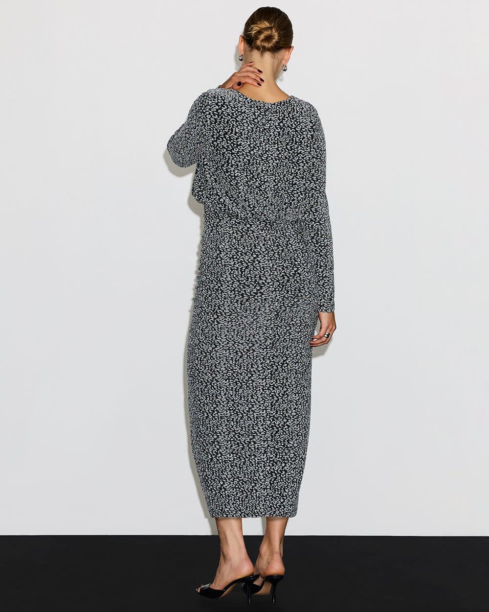 Long-Sleeve Midi Dress with Metallic Leopard Print
