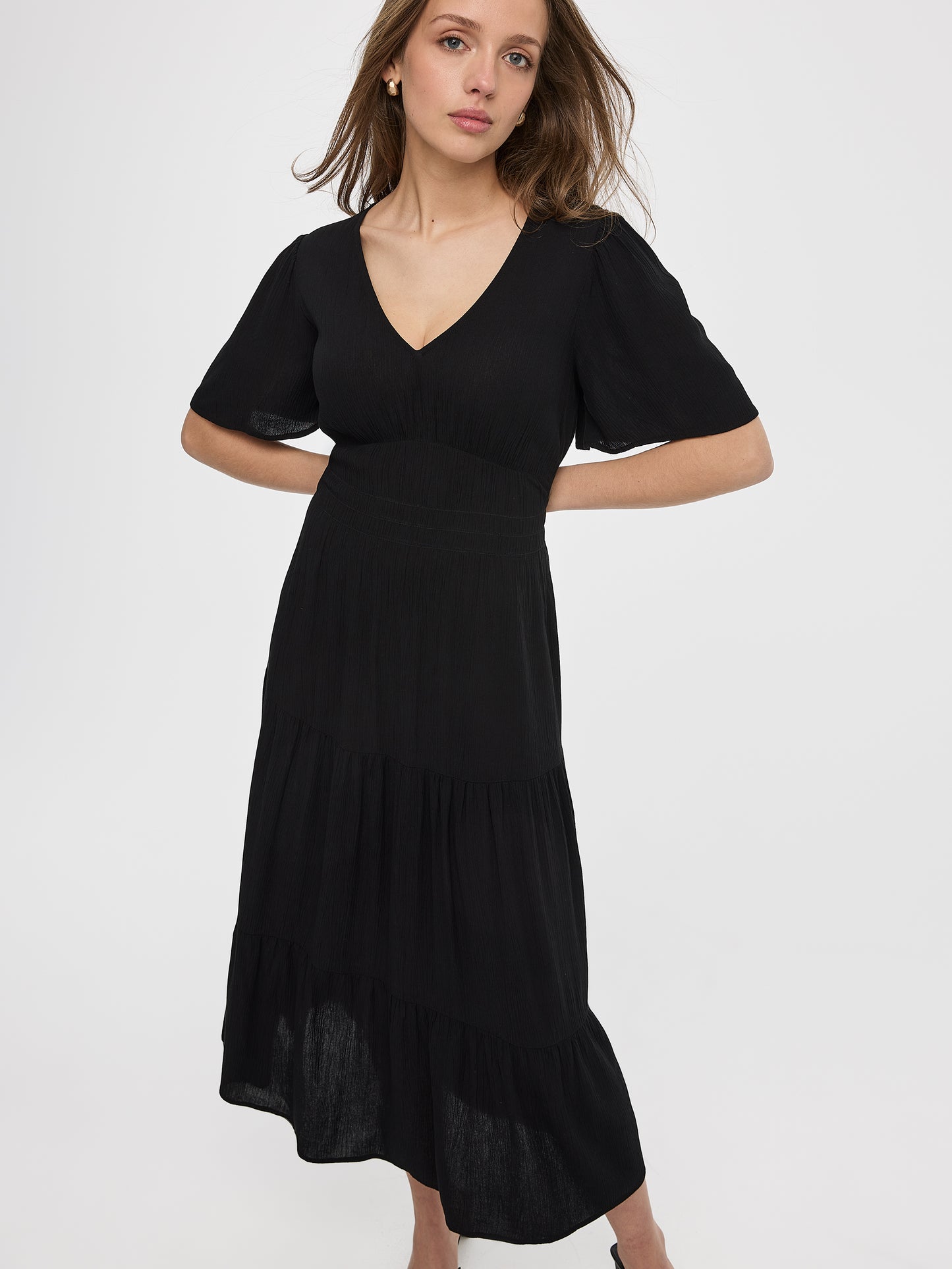 Short-Flutter-Sleeve V-Neck Tiered Midi Dress