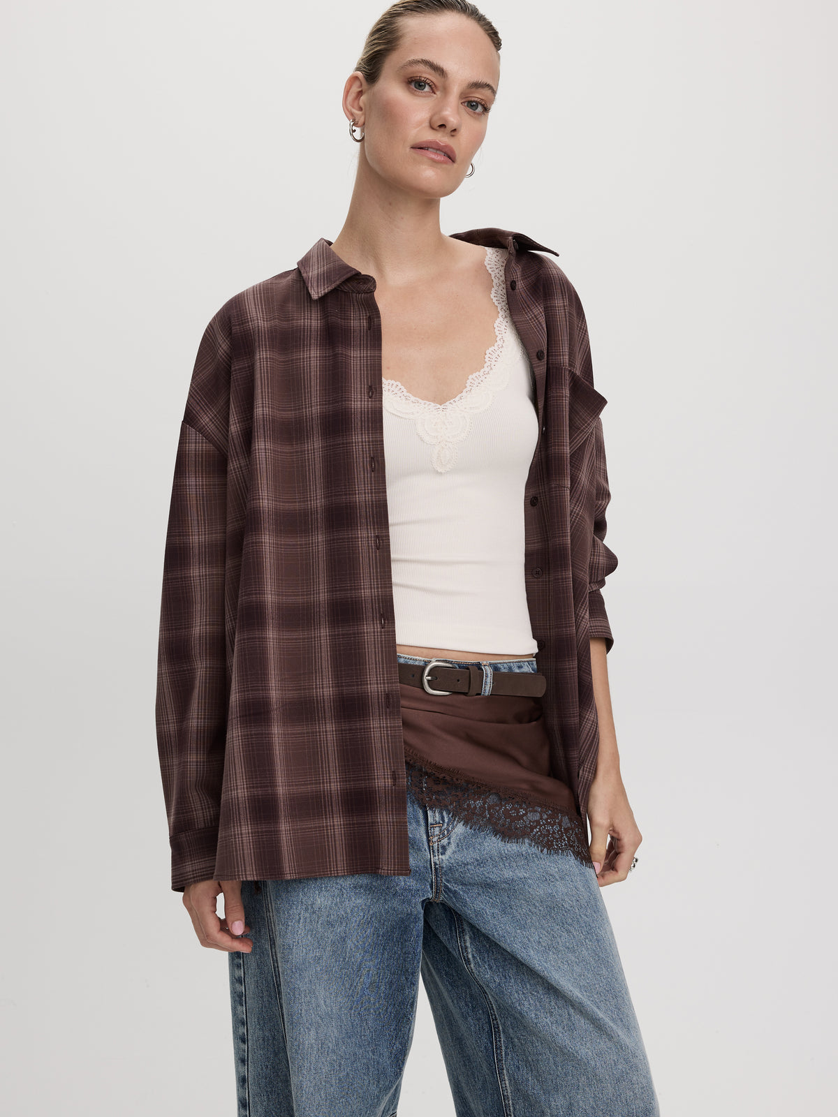 Loose Plaid Blouse with Pocket