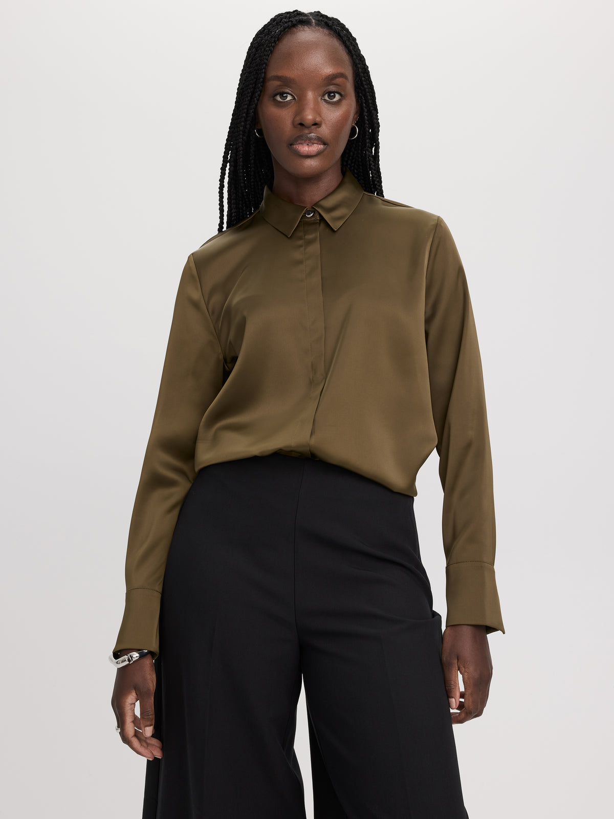 Long-Sleeve Loose Satin Blouse