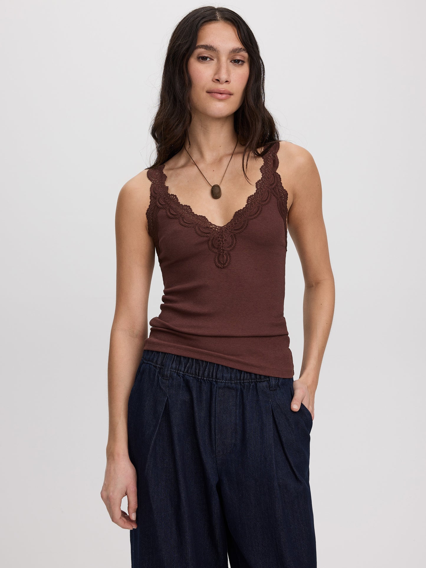 V-Neck Cami with Lace Trim