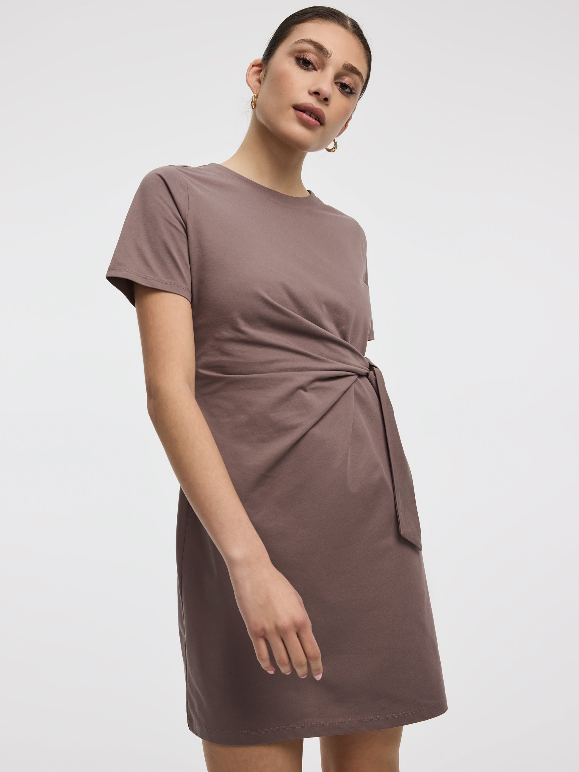 Short-Sleeve Fitted Dress with Knot Detail