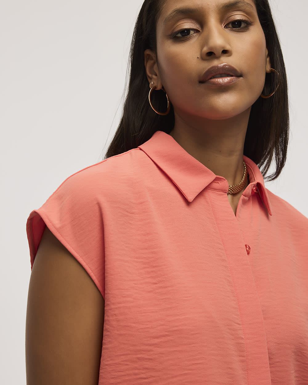 Extended-Sleeve Short Boxy Blouse with Shirt Collar