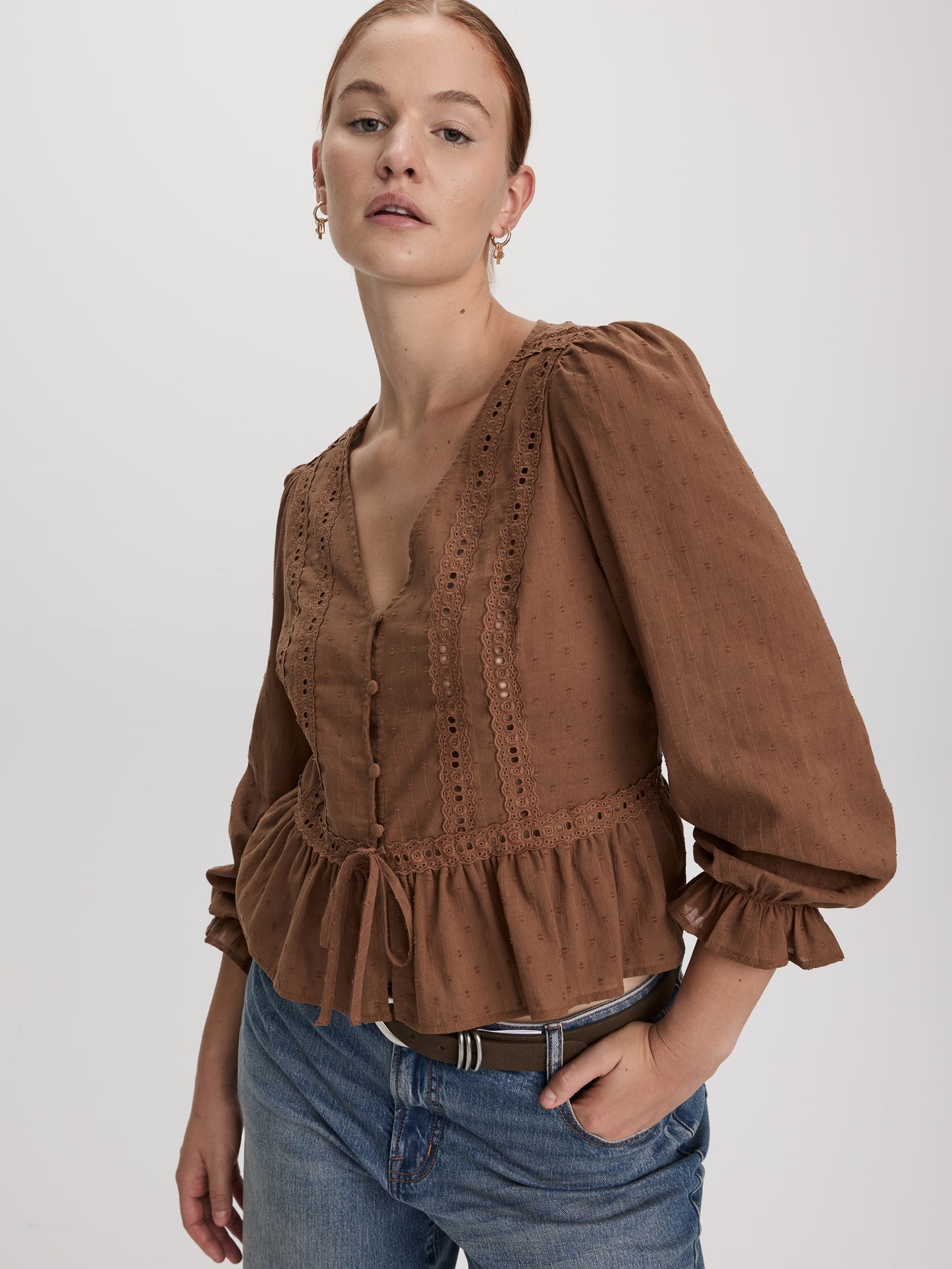 Long-Sleeve V-Neck Blouse with Lace Trims