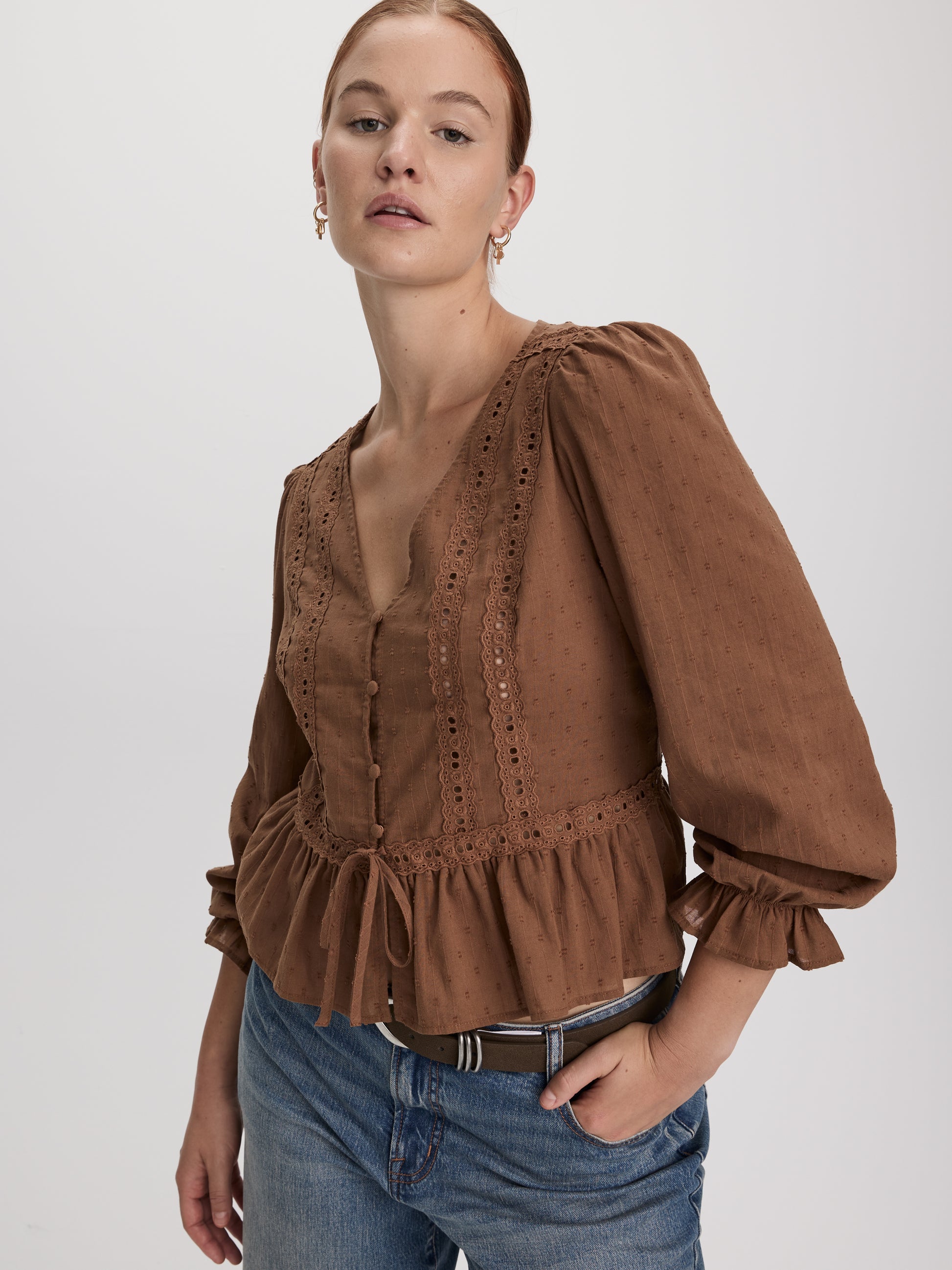 Long-Sleeve V-Neck Blouse with Lace Trims