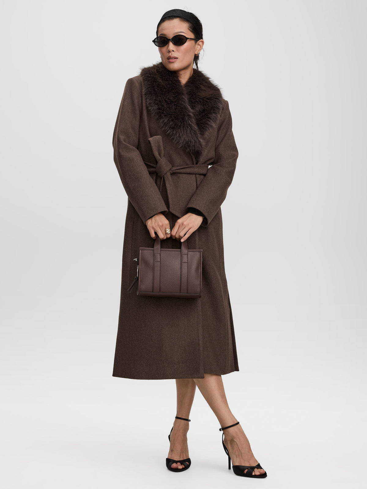 Wool-Blend Long Jacket with Sash and Removable Faux Fur