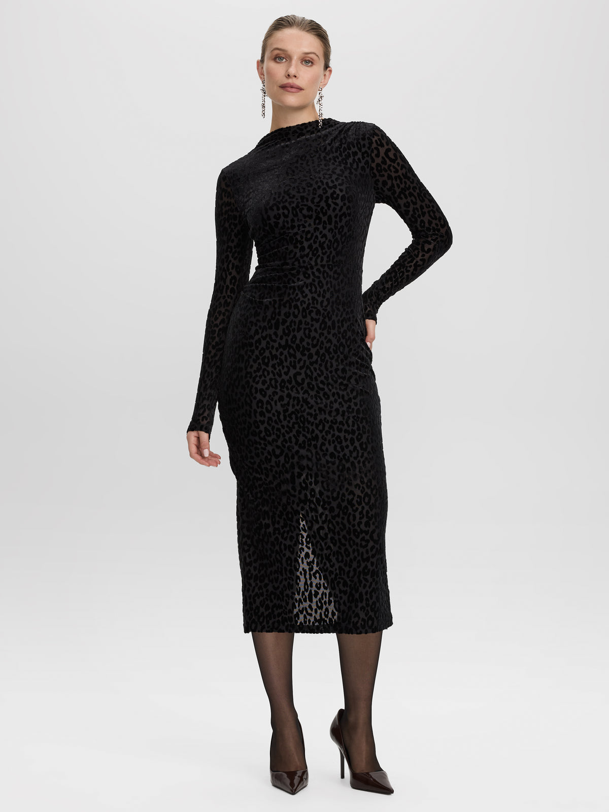 Long-Sleeve Bodycon Midi Dress with Burnout Pattern