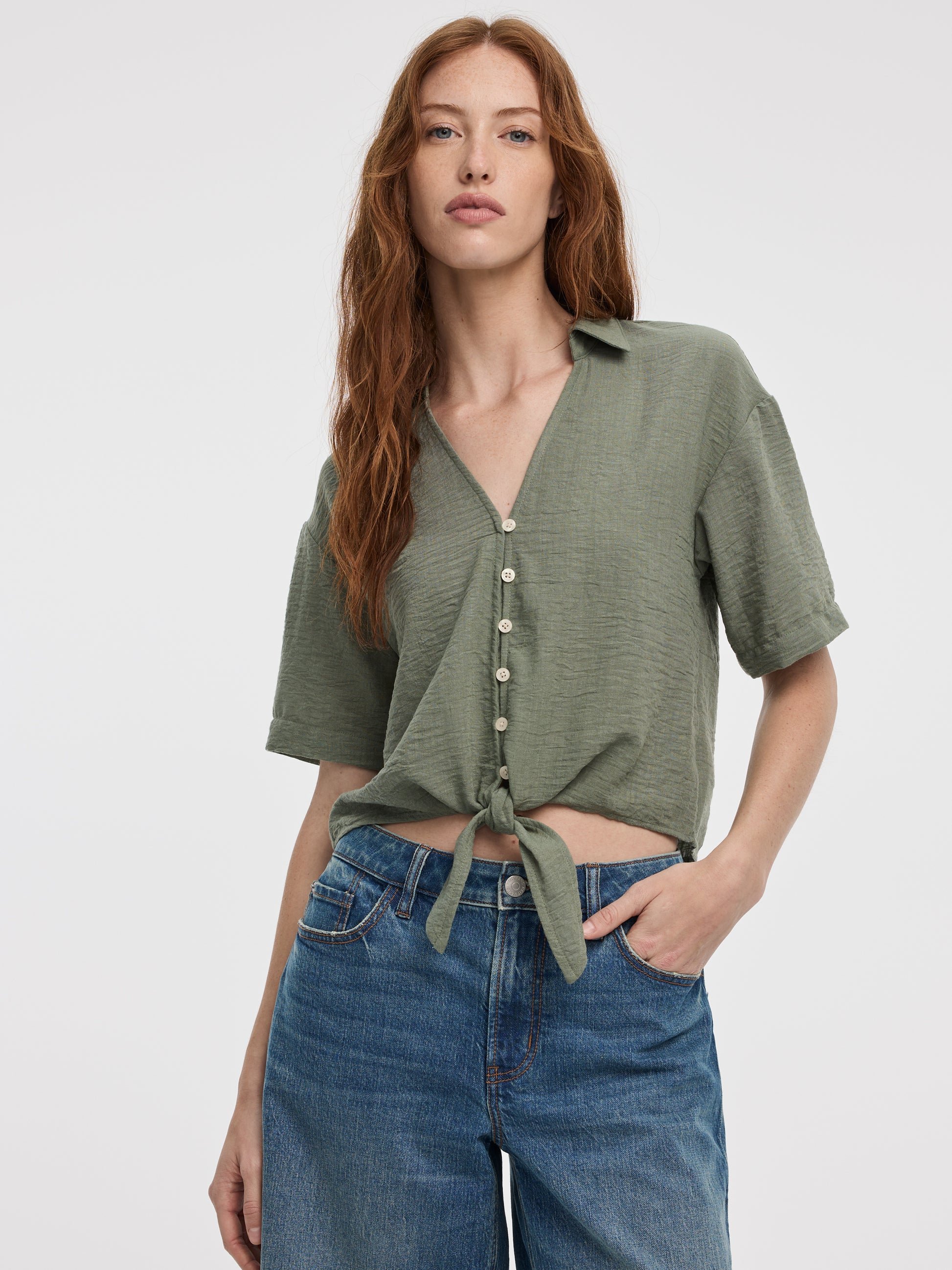 Short-Sleeve V-Neck Blouse with Self-Tie Closure
