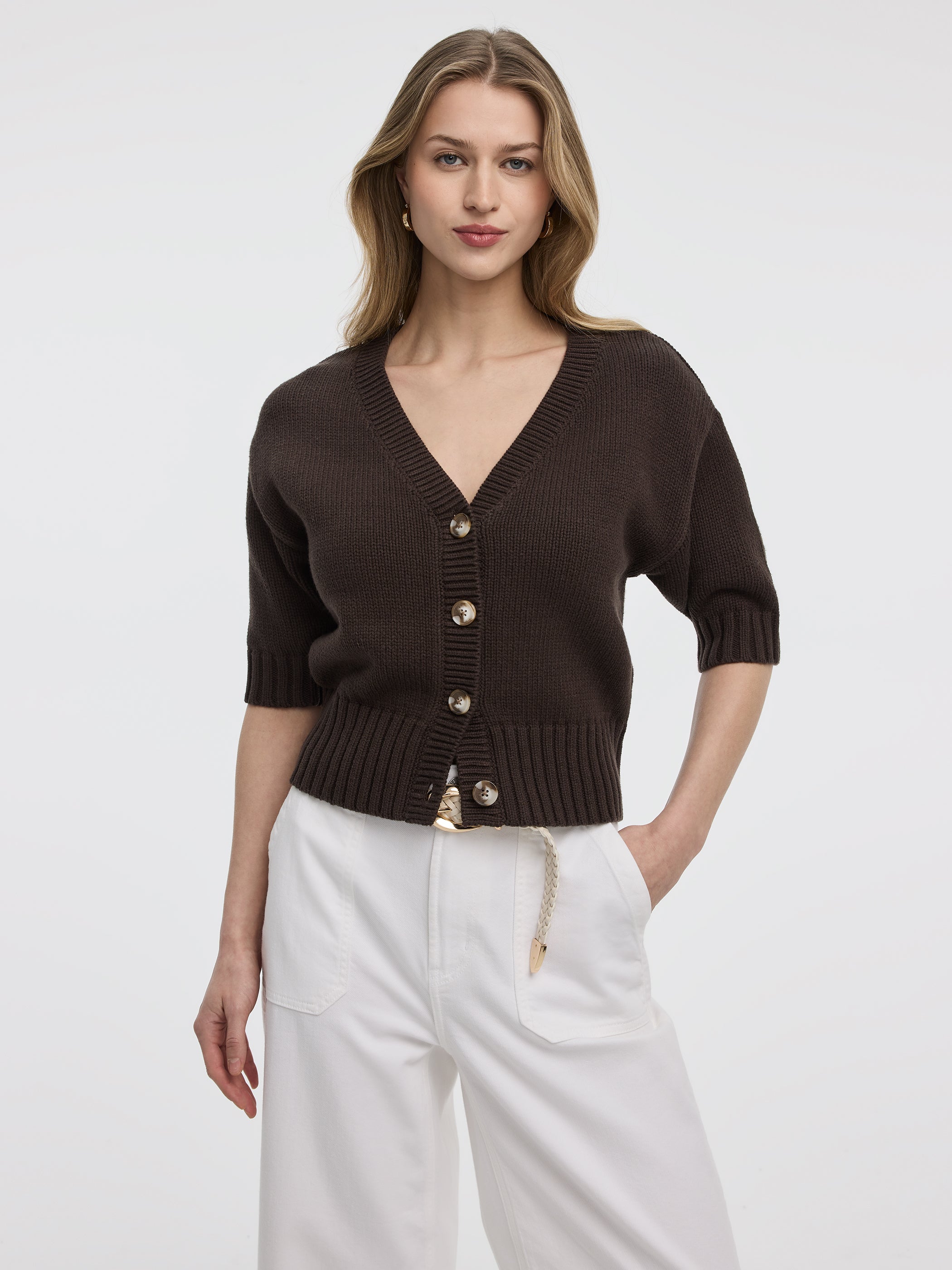 Loose Elbow-Sleeve V-Neck Cardigan