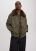 Faux Suede Bomber Jacket with Faux Leather Collar