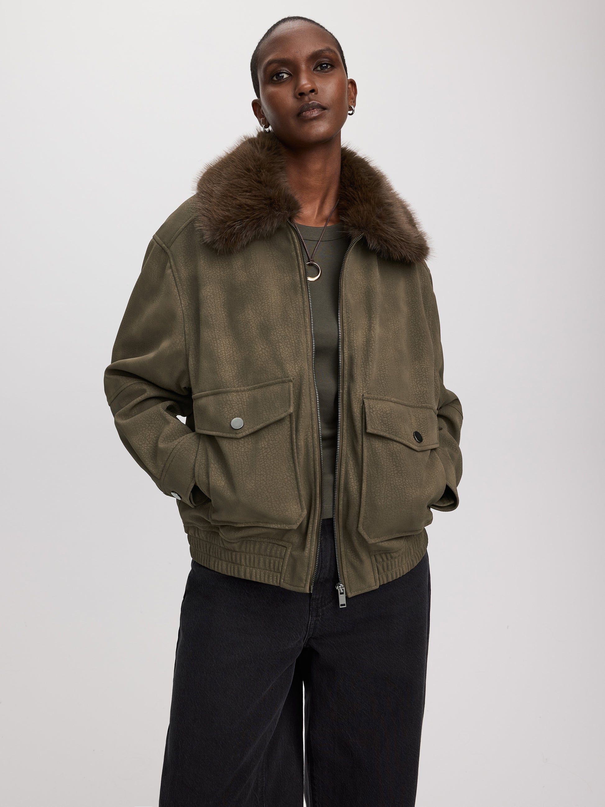 Faux Suede Bomber Jacket with Faux Leather Collar