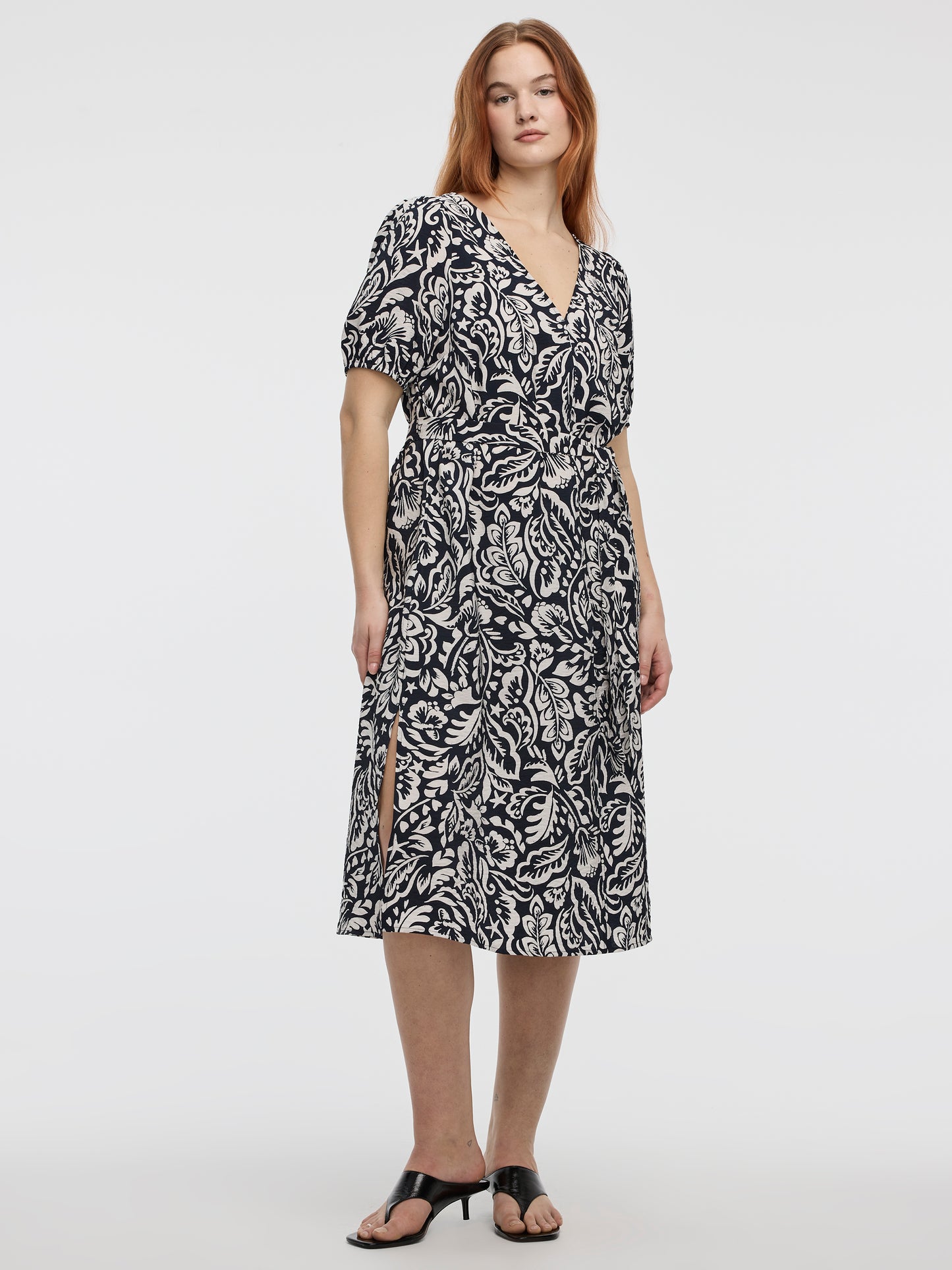 Short-Puffy-Sleeve V-Neck Midi Dress