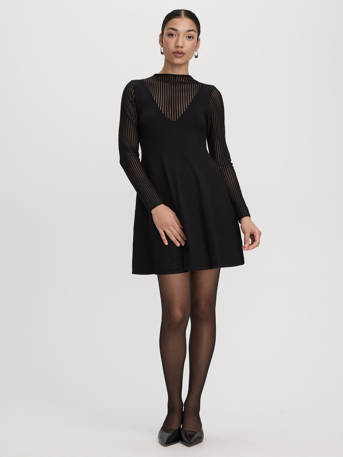 Long-Sleeve Fit-and-Flare Dress with Sheer Yoke