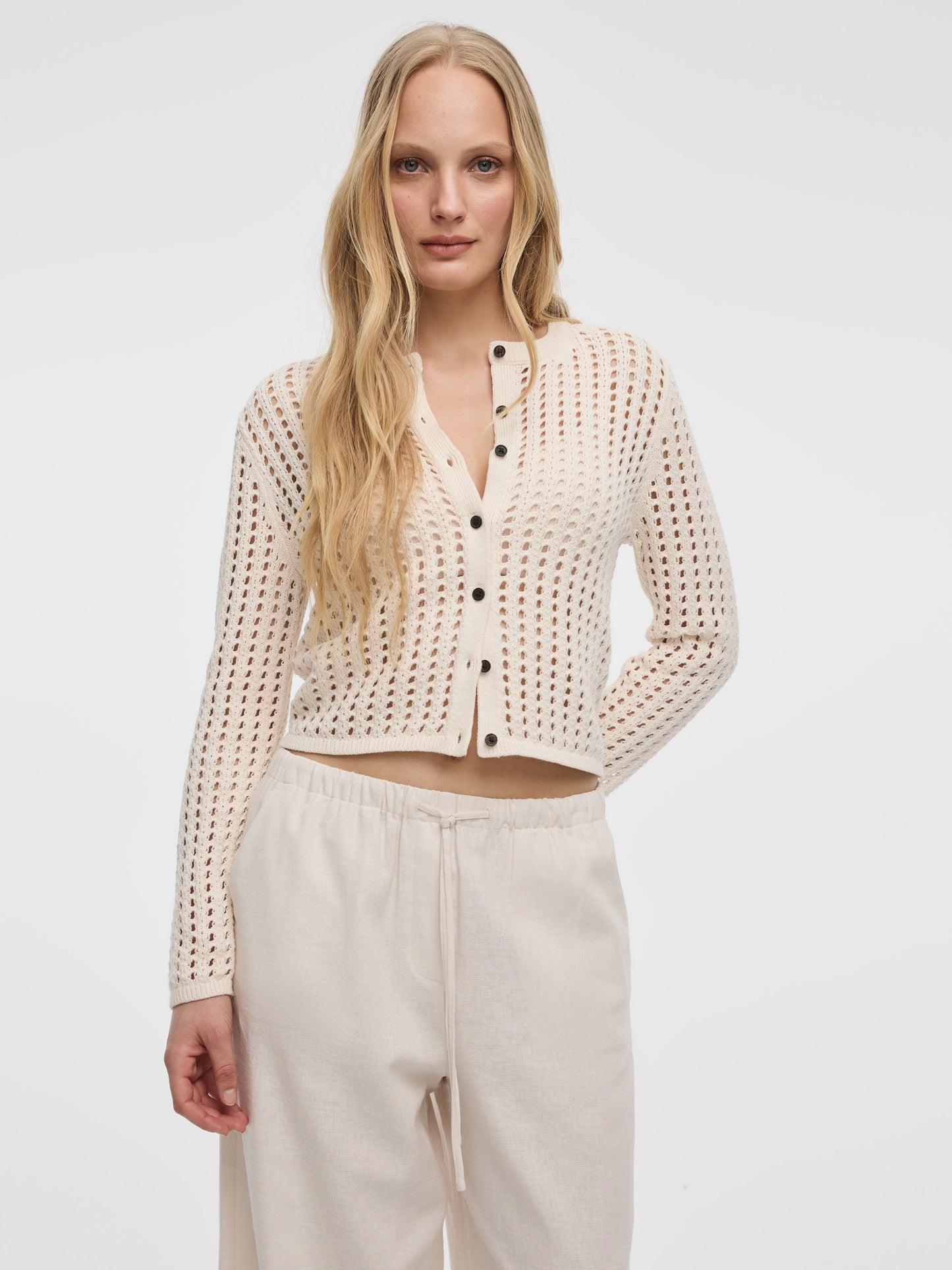 Long-Sleeve Crew-Neck Cardigan with Open Stitches