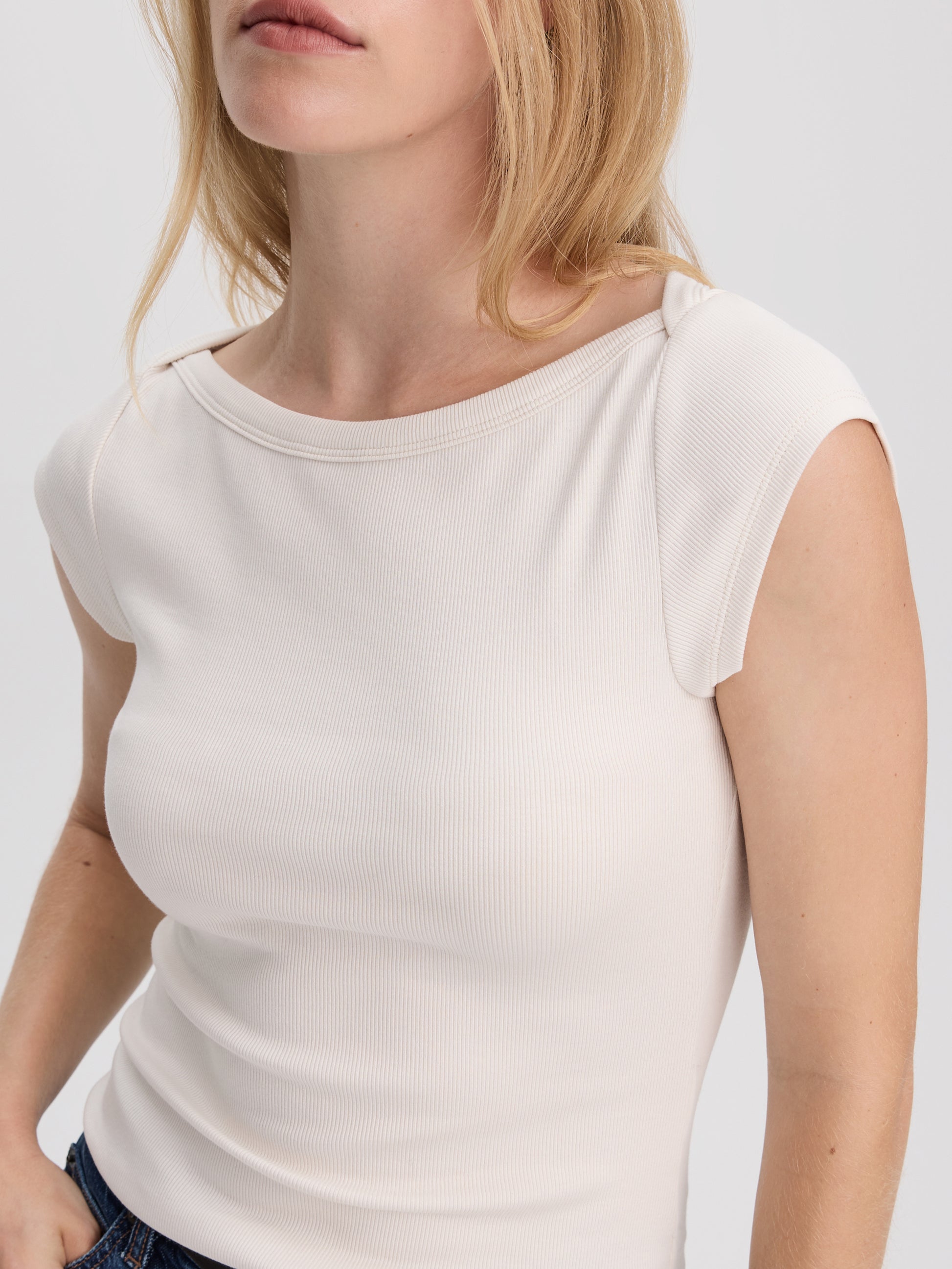 Extended-Sleeve Boat-Neck Ribbed Top