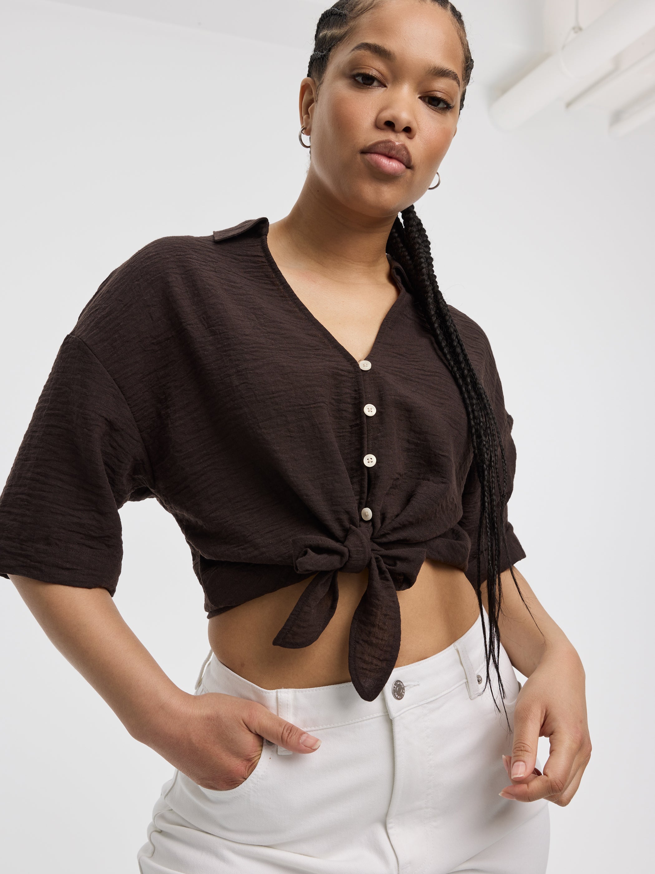 Short-Sleeve V-Neck Blouse with Self-Tie Closure