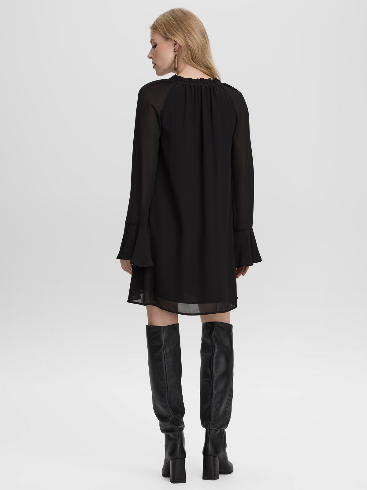 Long-Sleeve V-Neck Mini Dress with Ruffles