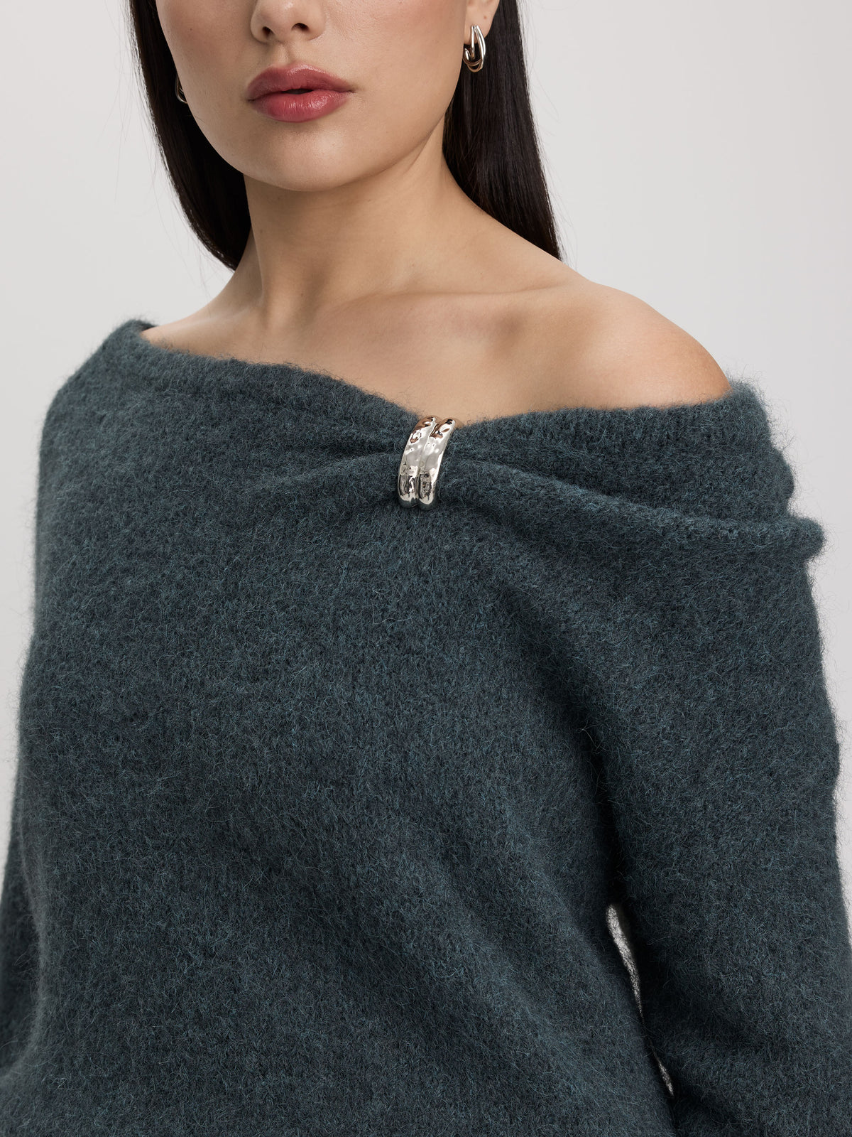 Asymmetric Neck Top with Metal Brooch – Women’s Fabric Blend