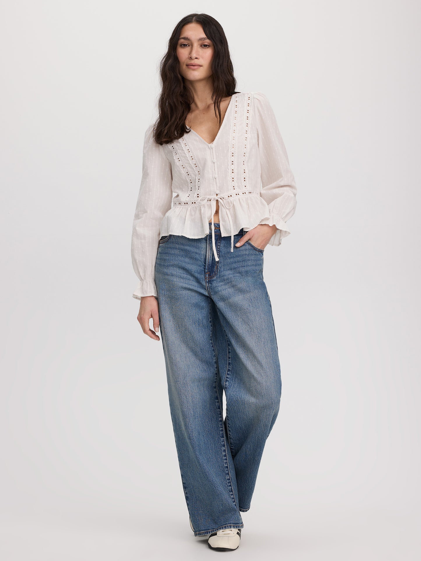 Long-Sleeve V-Neck Blouse with Lace Trims