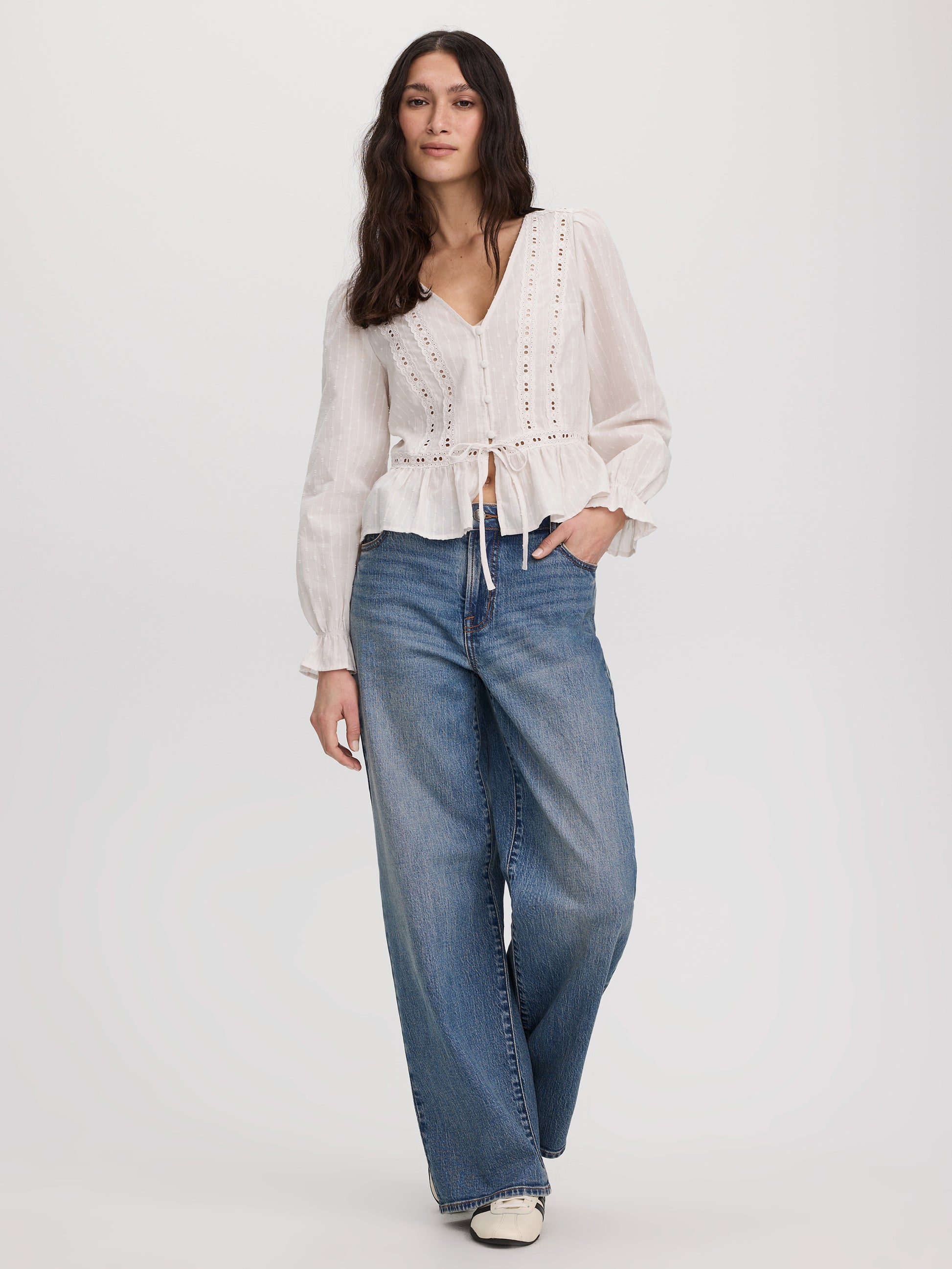 Long-Sleeve V-Neck Blouse with Lace Trims