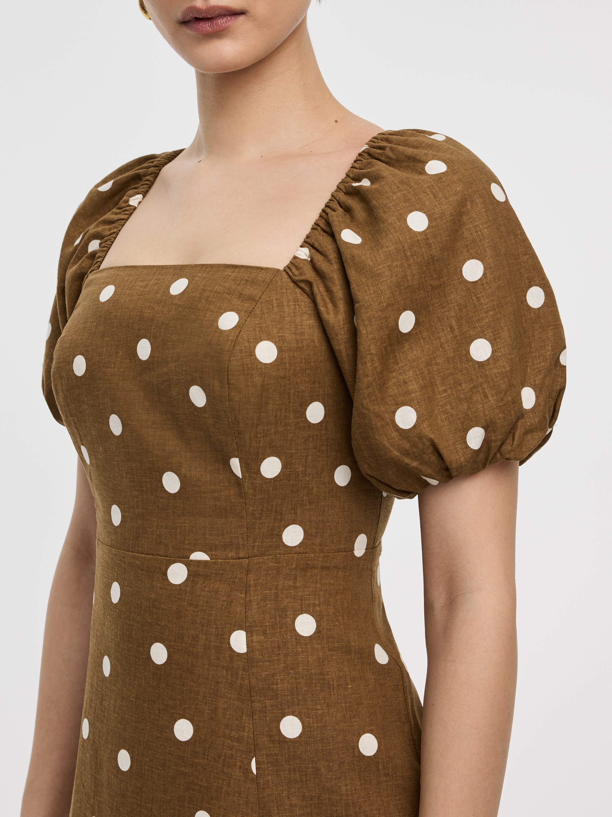 Square-Neck Midi Dress with Bubble Sleeves