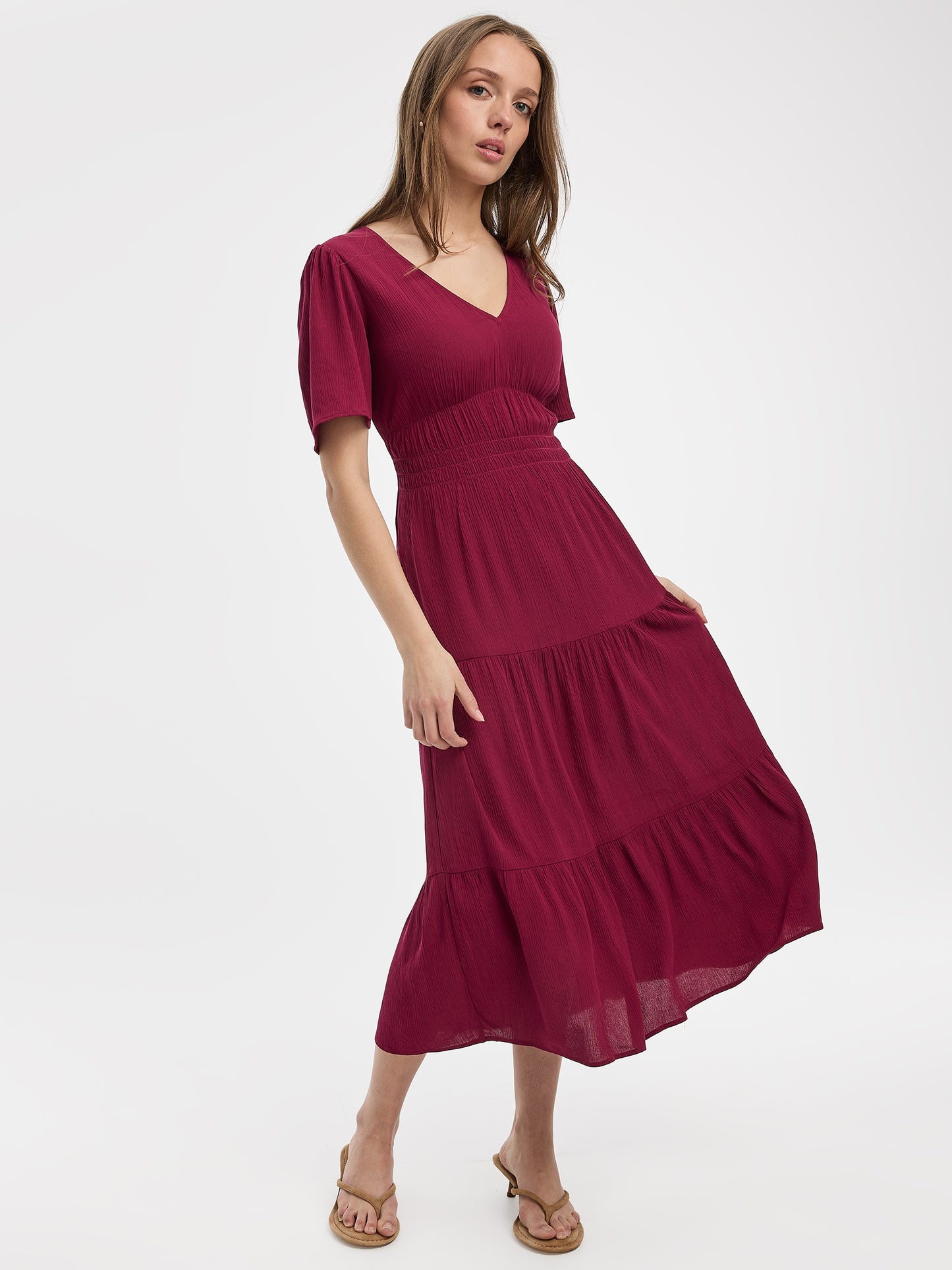 Short-Flutter-Sleeve V-Neck Tiered Midi Dress