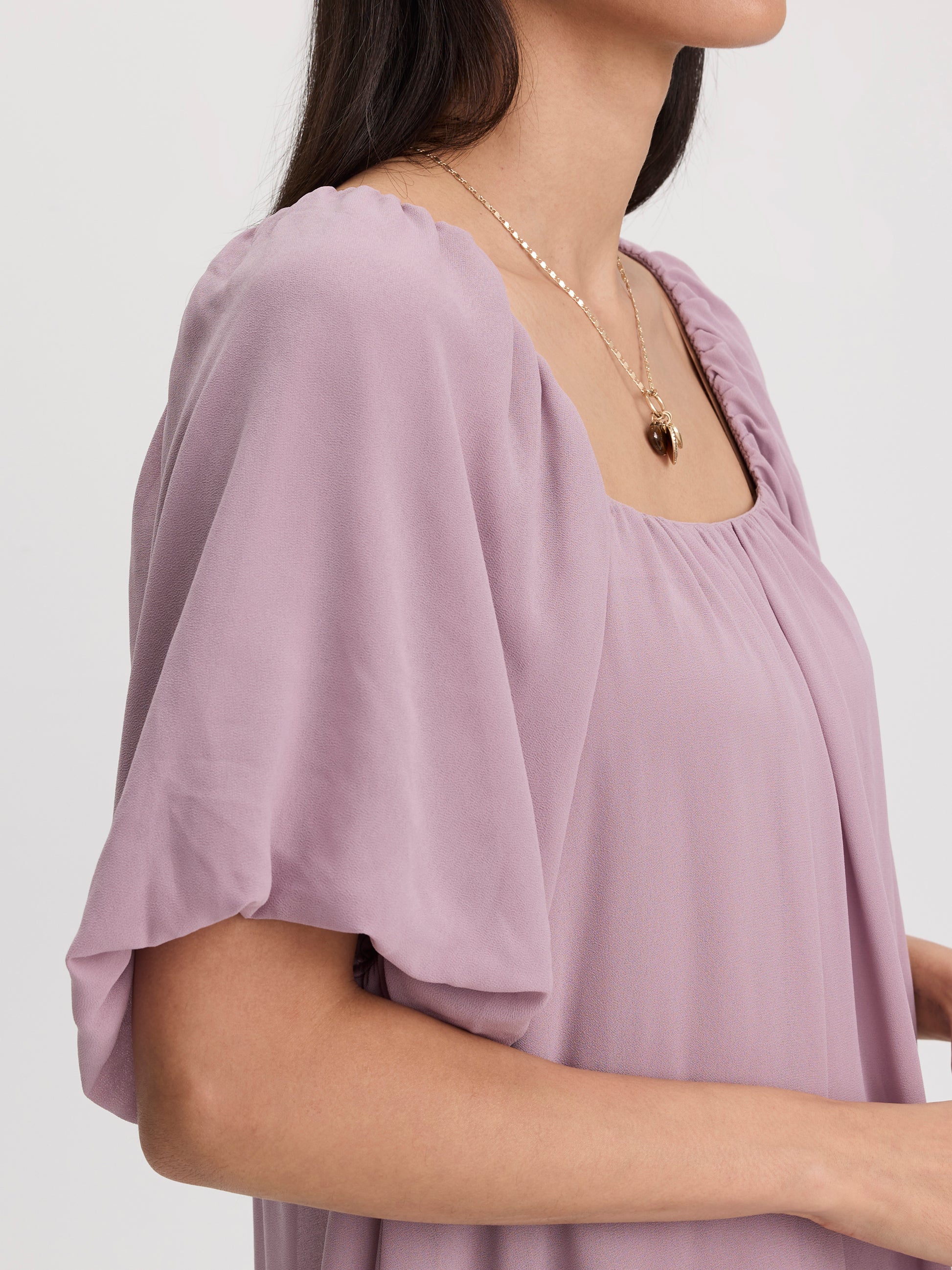 Square-Neck Mini Dress with Bubble Sleeves