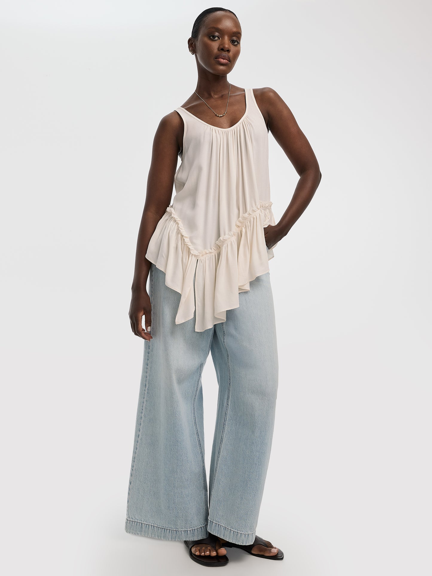 Scoop-Neck Tank with Asymmetrical Ruffled Hem