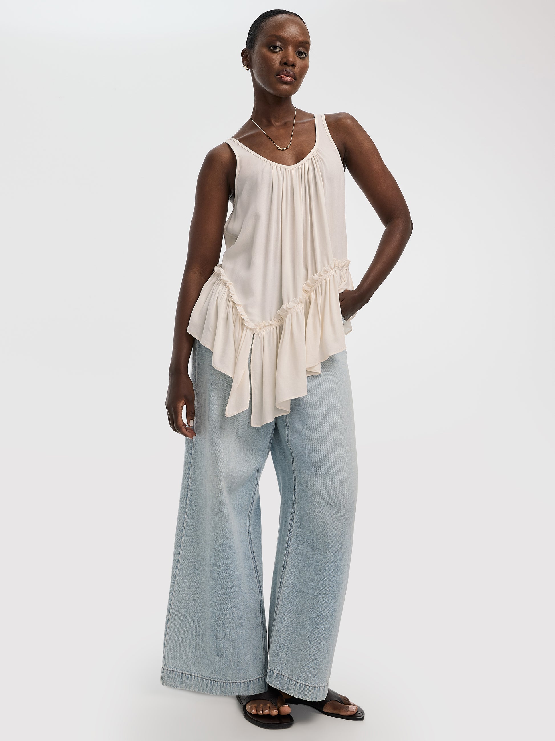 Scoop-Neck Tank with Asymmetrical Ruffled Hem