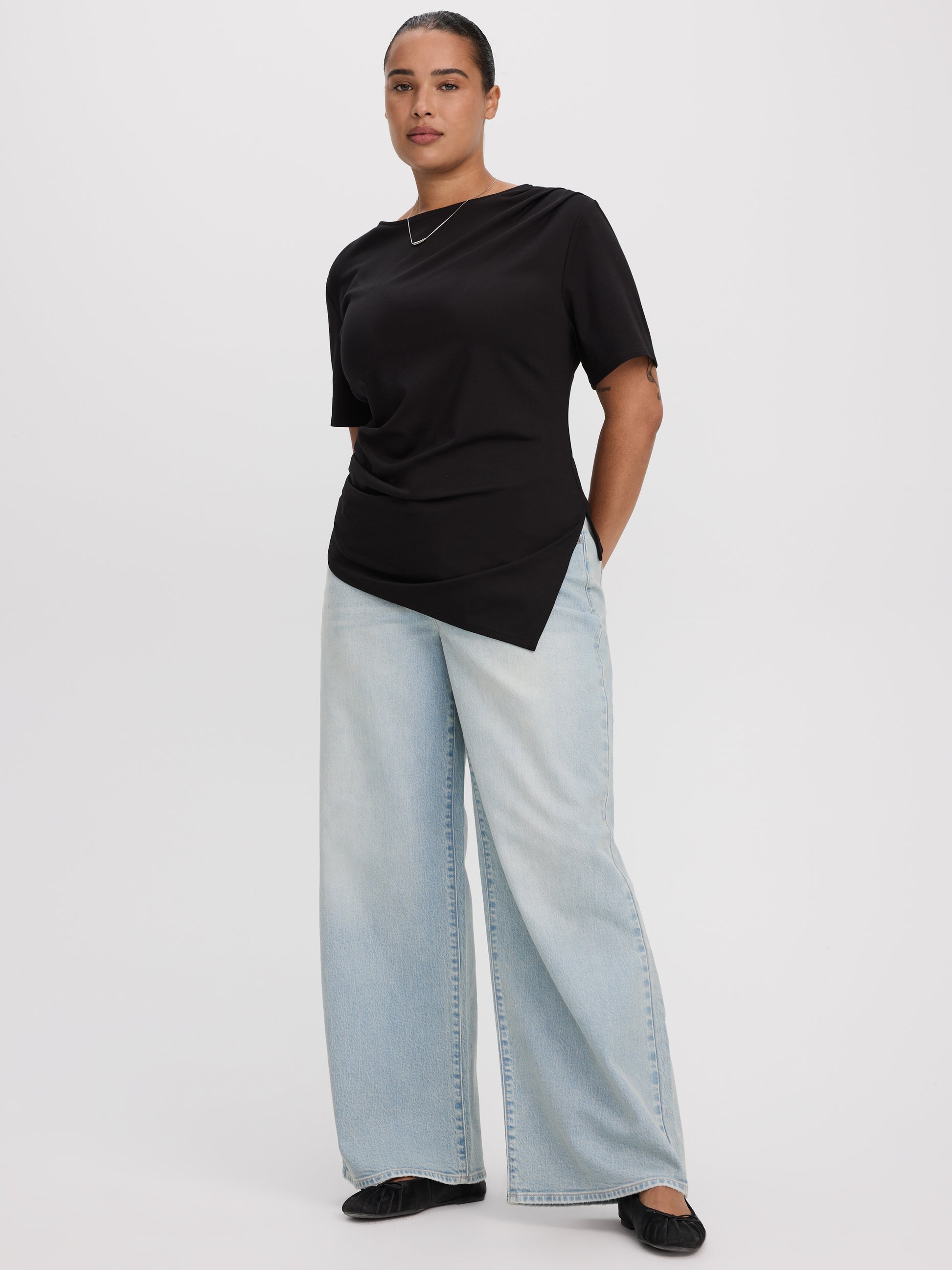 Short-Sleeve Shirred Top with Asymmetrical Hem
