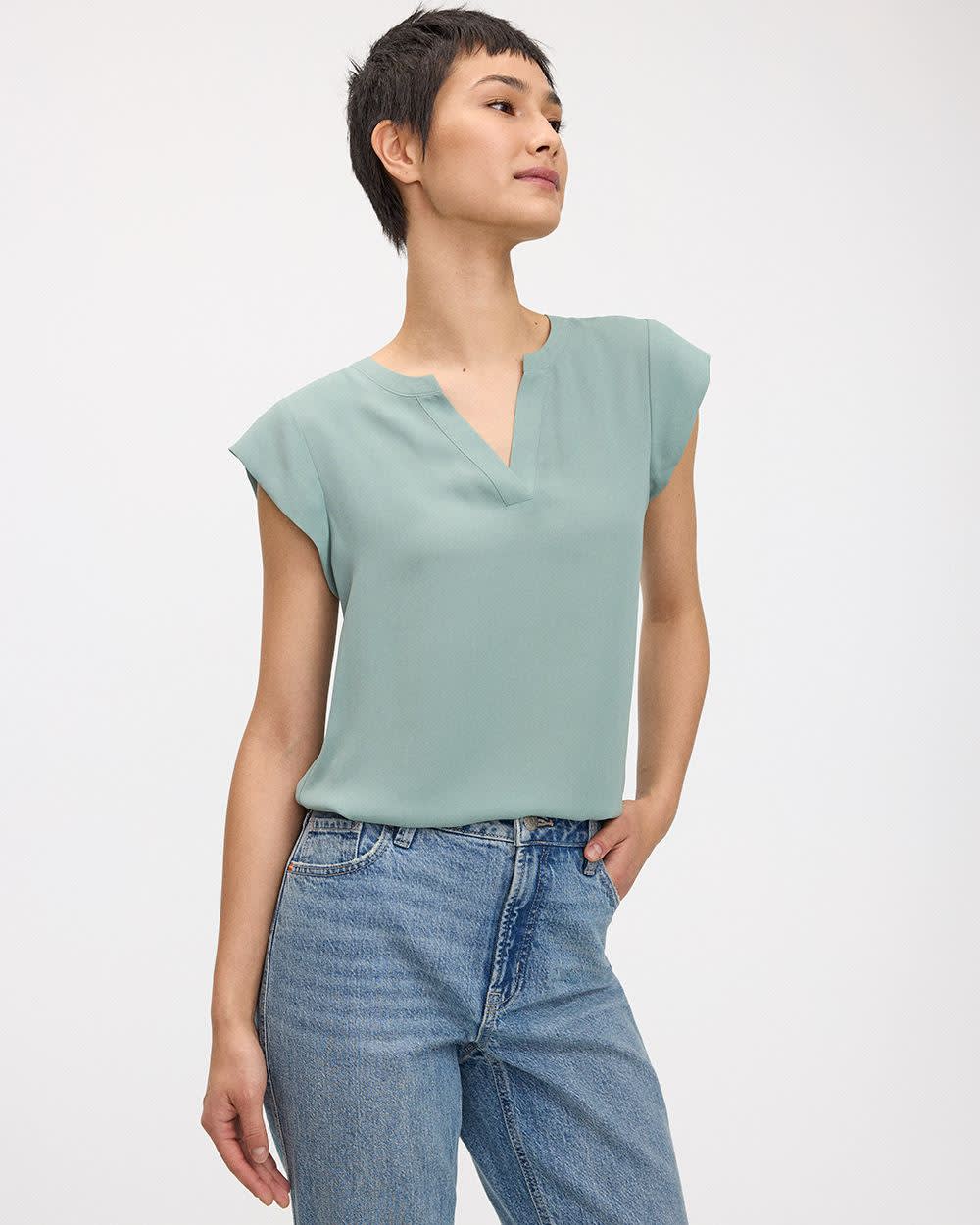 Cap Sleeve Split Neck Blouse - R Essentials
