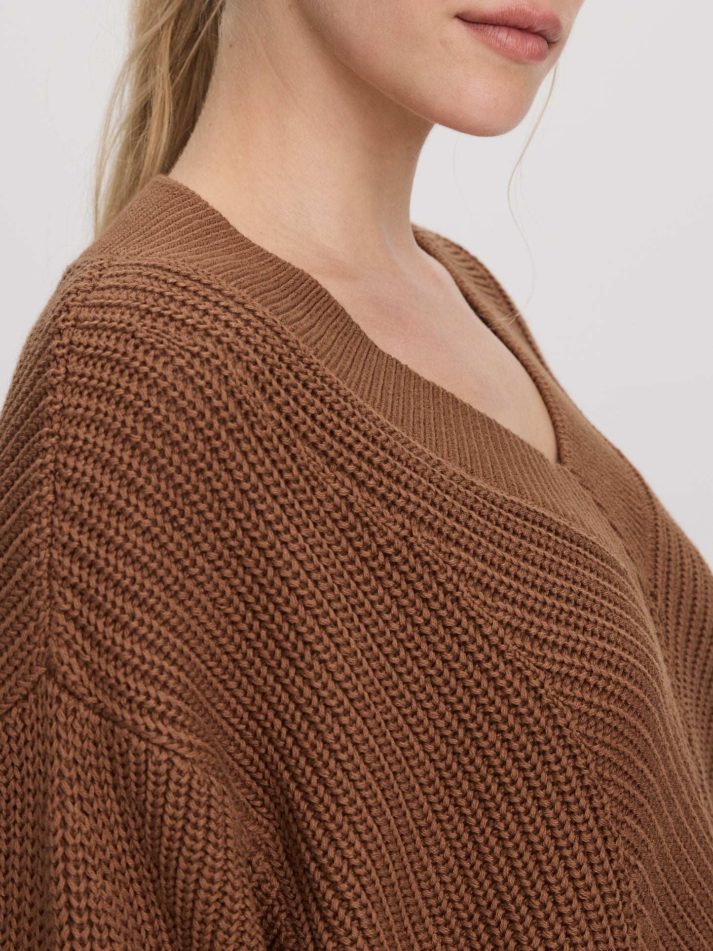 Long-Sleeve V-Neck Sweater with Half-Cardigan Stitches