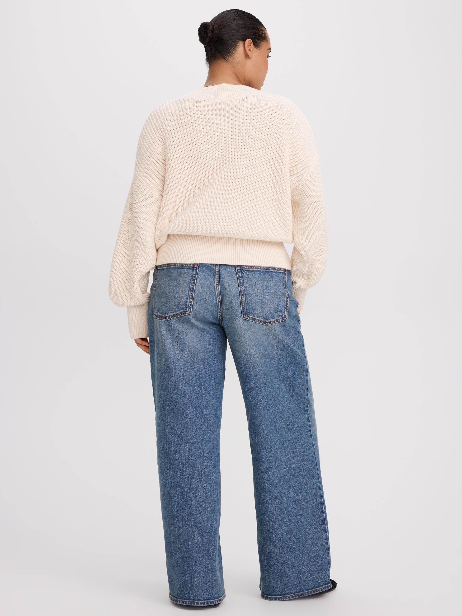 Long-Sleeve V-Neck Sweater with Half-Cardigan Stitches