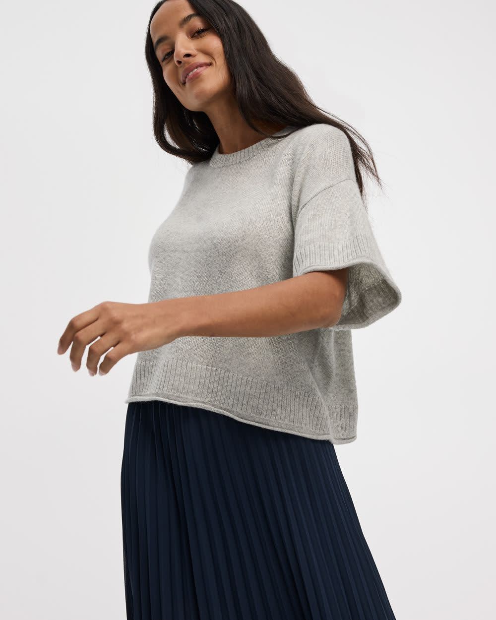 Cashmere-Blend Short-Sleeve Crew-Neck Loose Sweater