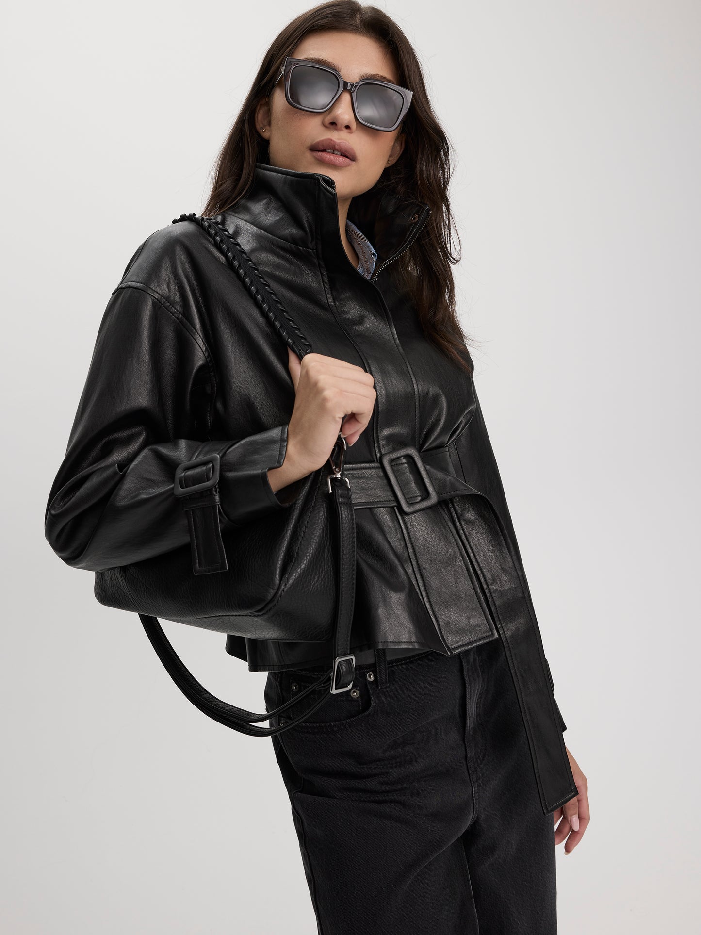 Belted Faux Leather Jacket