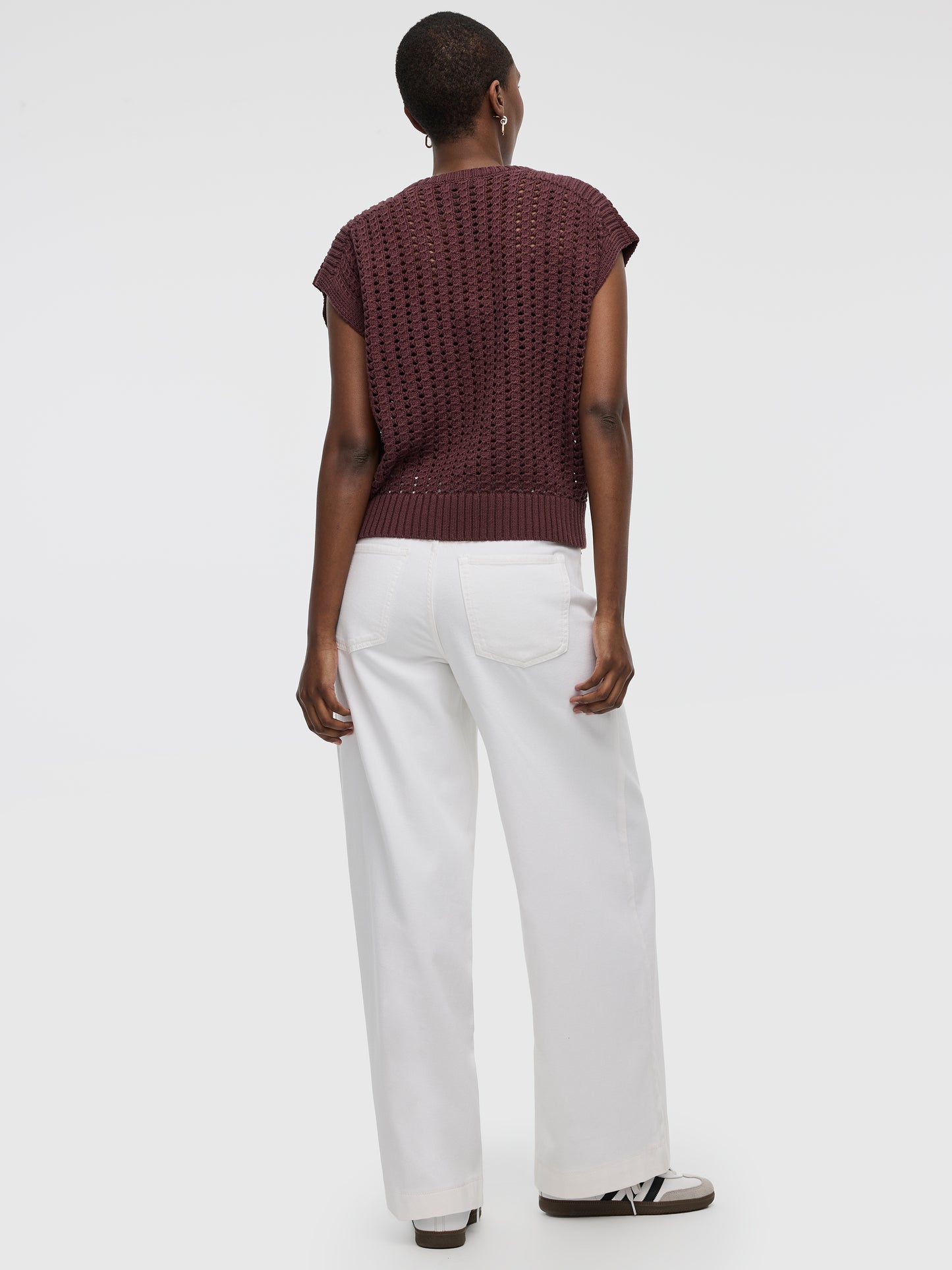 Extended-Sleeve Crew-Neck Sweater with Open Stitches