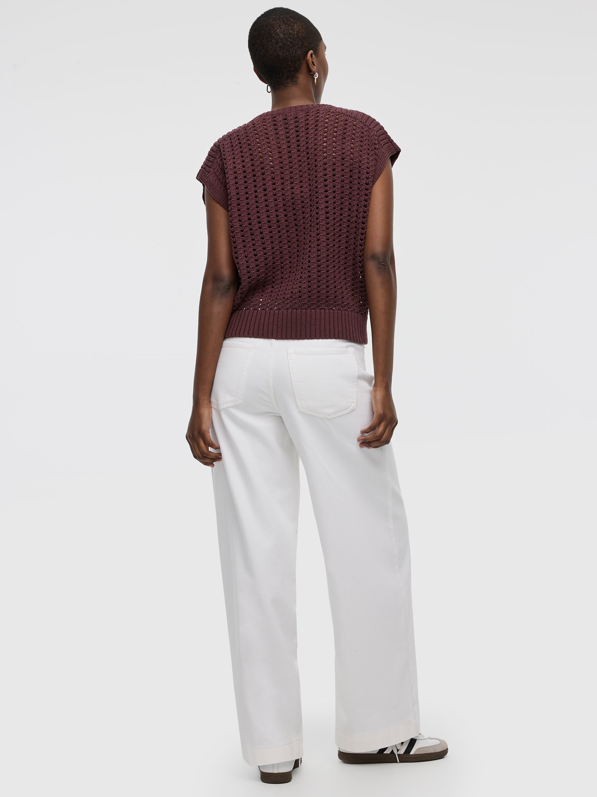 Extended-Sleeve Crew-Neck Sweater with Open Stitches