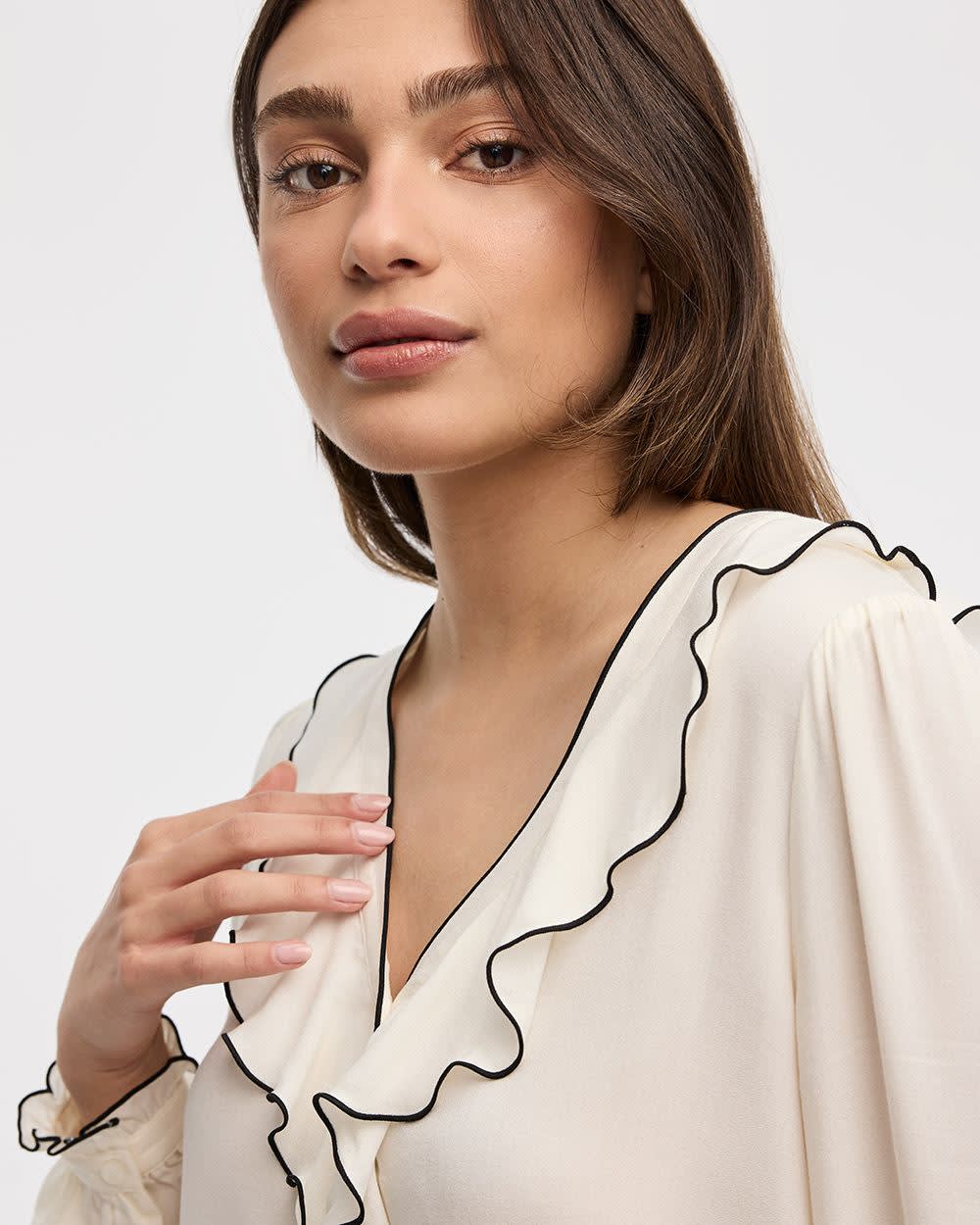 Long-Sleeve V-Neck Blouse with Ruffles