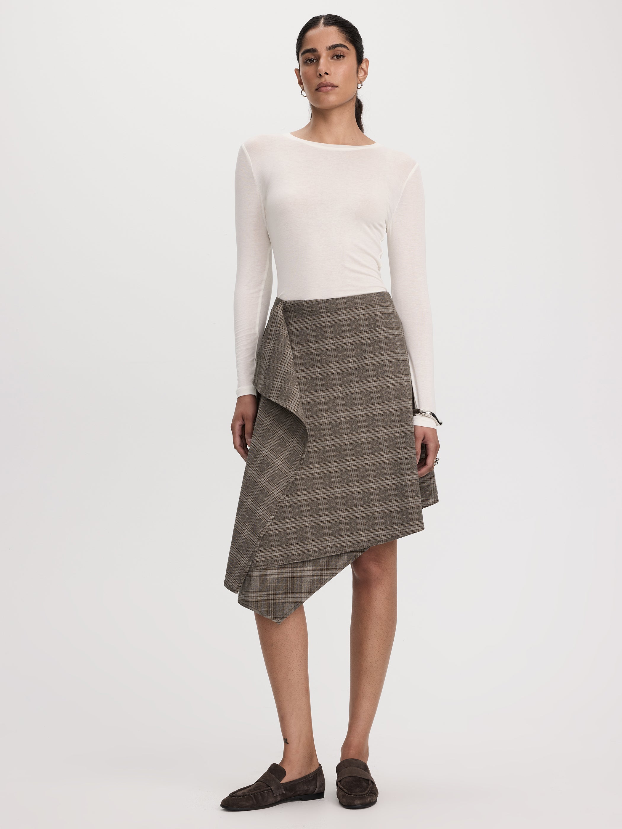 Plaid Midi Skirt with Asymmetrical Hem