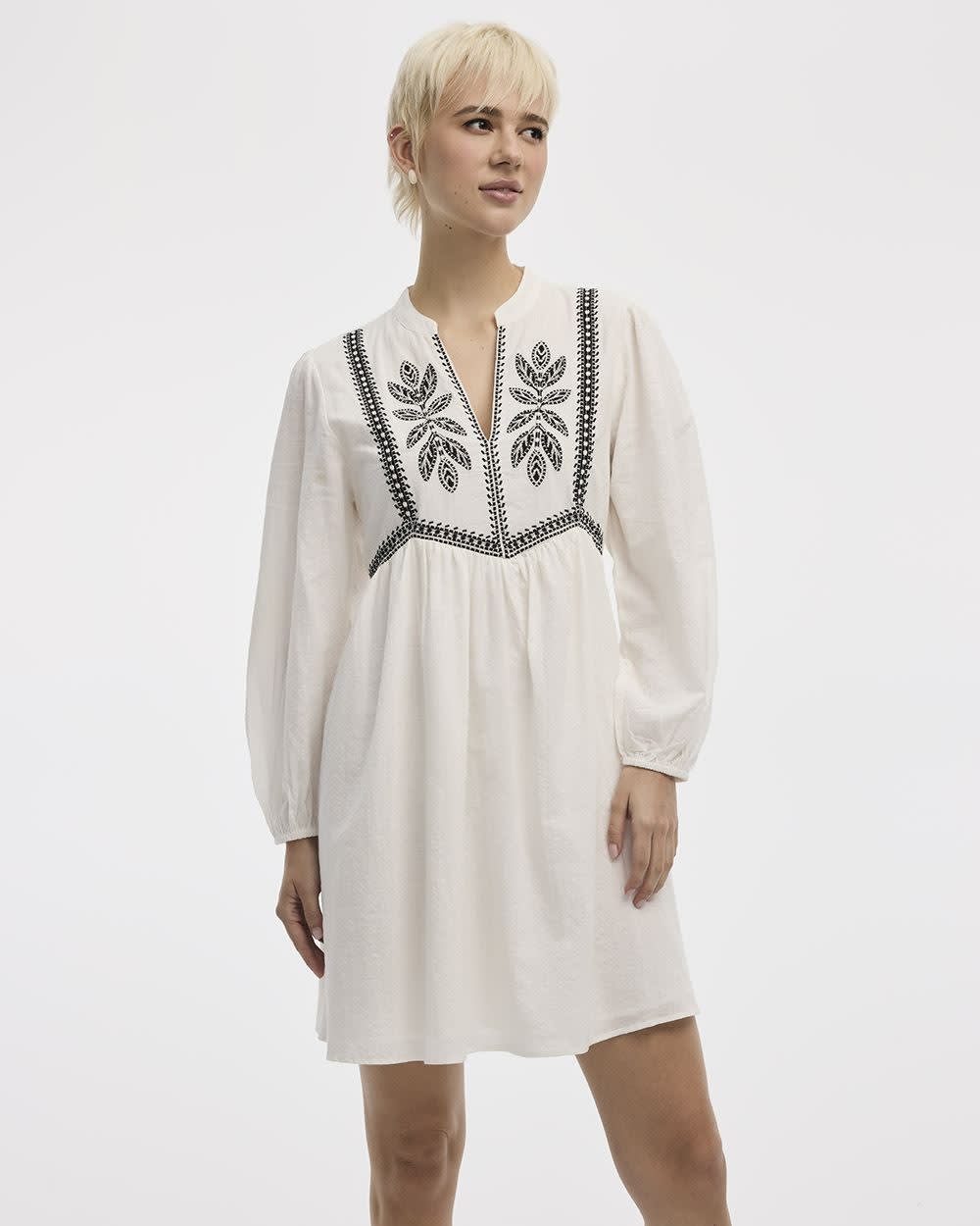 Long-Sleeve Split-Neck Swing Dress