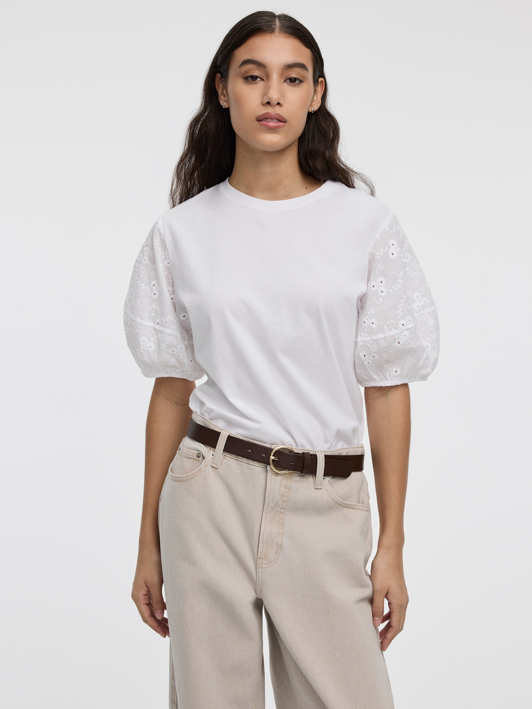 Crew-Neck Mix-Media Top with Short Puffy Sleeves