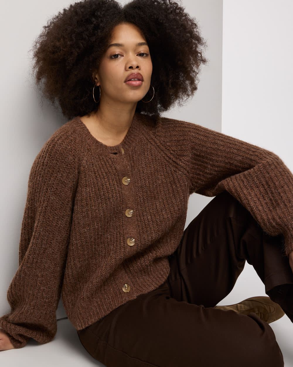 Long-Balloon-Sleeve Crew-Neck Cardigan