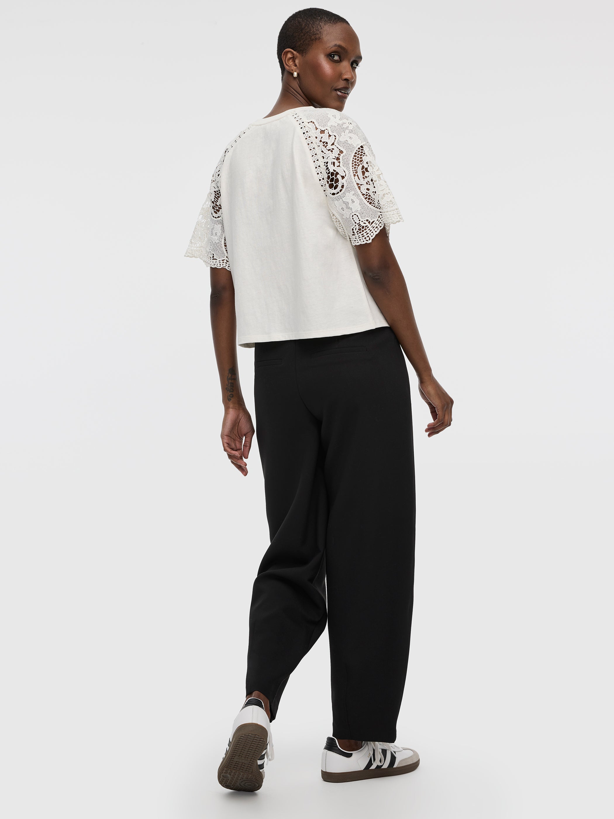 Crew-Neck Mix-Media T-Shirt with Short Puffy Sleeves