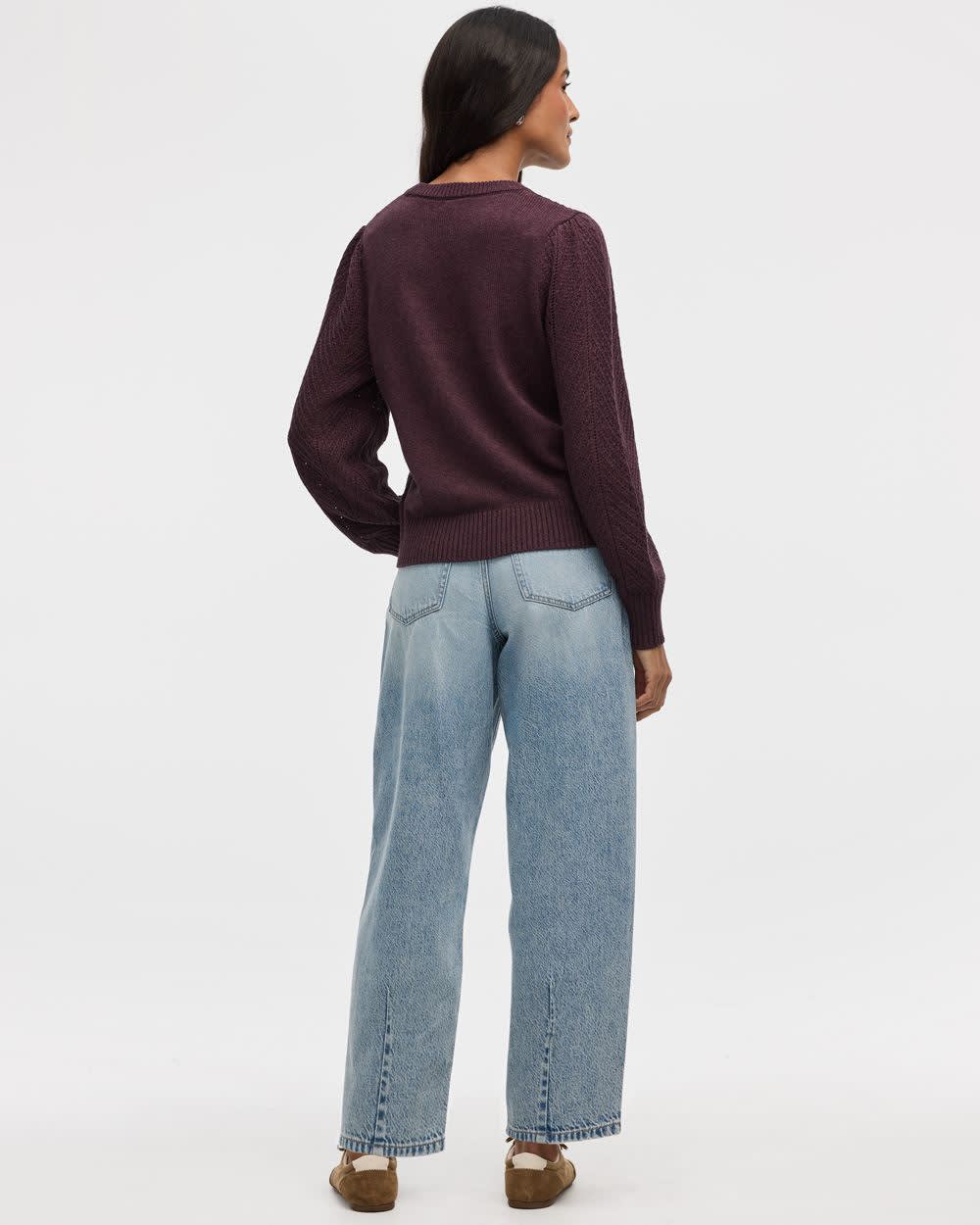 Long-Balloon-Sleeve Crew-Neck Pointelle Sweater