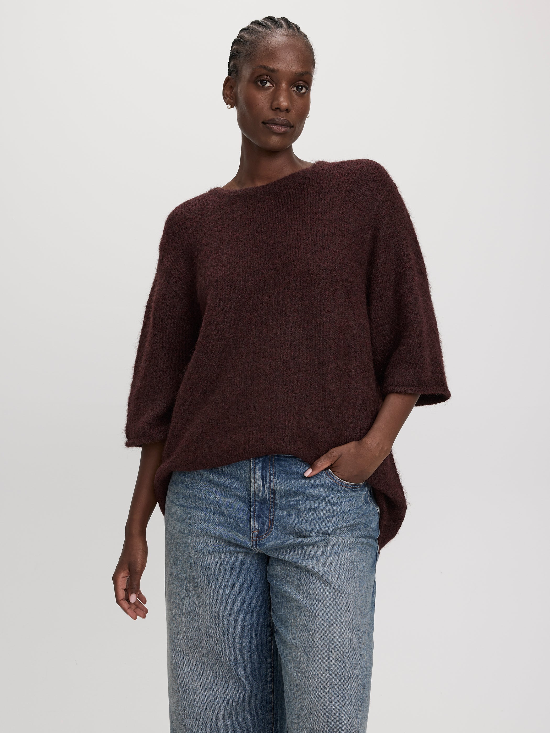 Elbow-Sleeve Crew-Neck Boxy Sweater